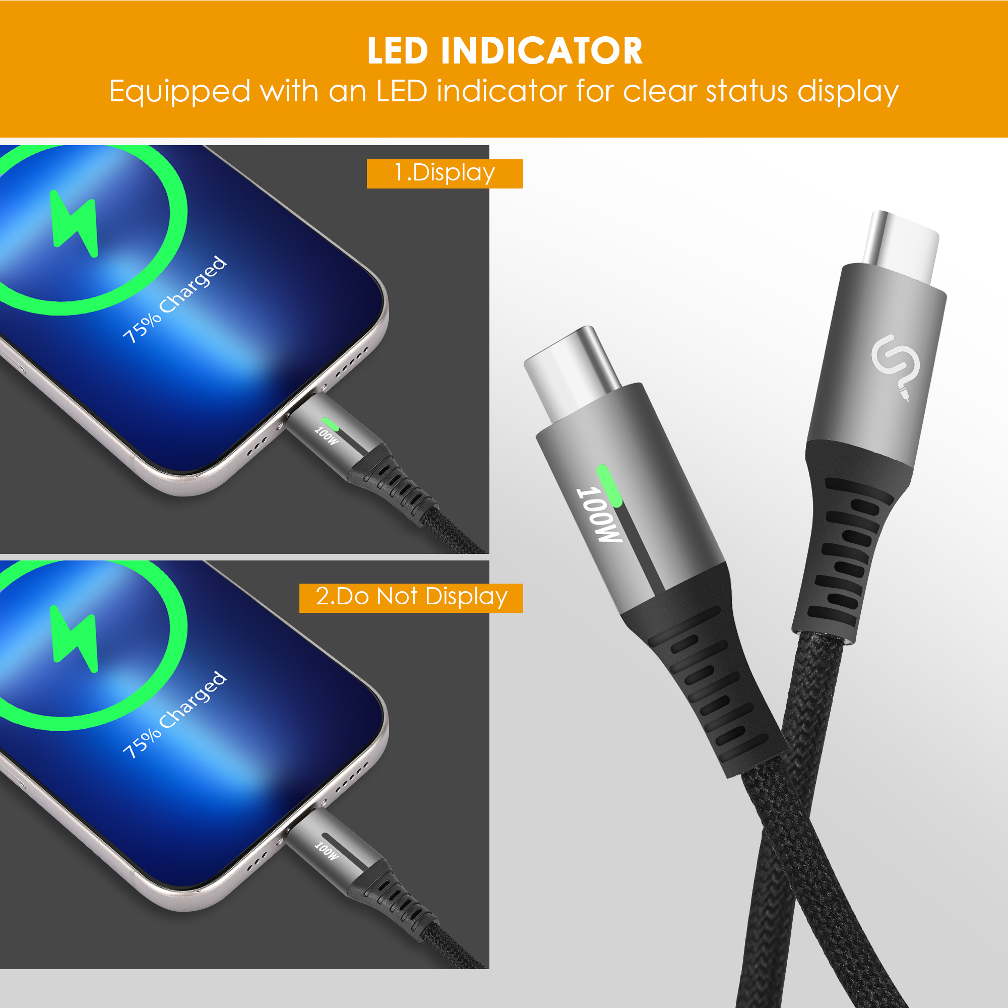 Black USB 2.0 Type-C cable features an LED indicator that clearly displays the charging status when it is charging