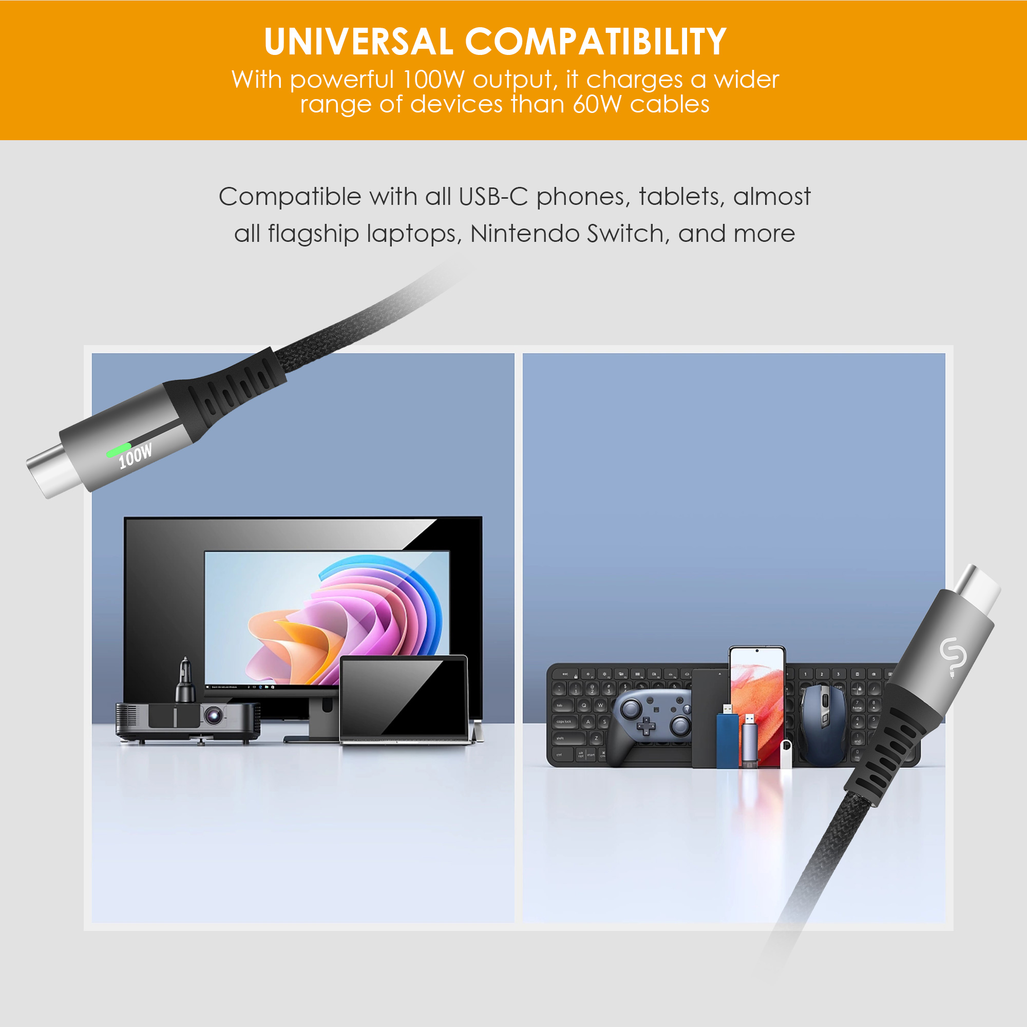 100W universal USB-C cable compatible with all USB-C phones, laptops, monitors, mice, Nintendo Switch and more
