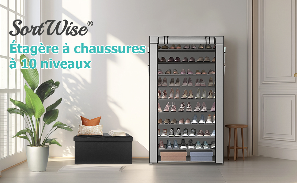 Étagère à Chaussures 11 Niveaux En Tissu Et Métal - Dimensions 45x30x175 Cm, Couleur Noire, Neuf