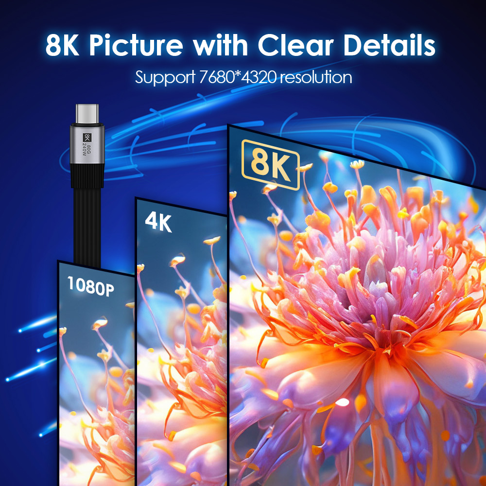 Compared to 4K or 1080P resolution, the USB 4.0 Type-C cable supports 8K resolution, which provides a clearer visual effect