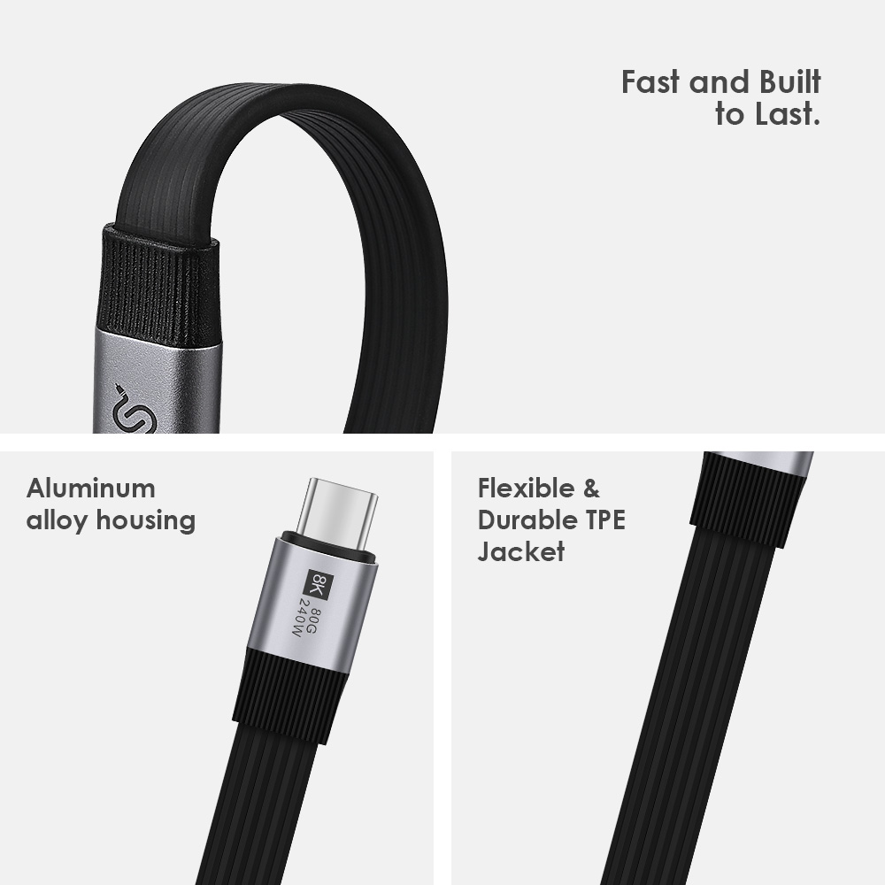 USB 4.0 Type-C cable features an aluminum alloy housing, a flexible and durable TPE jacket