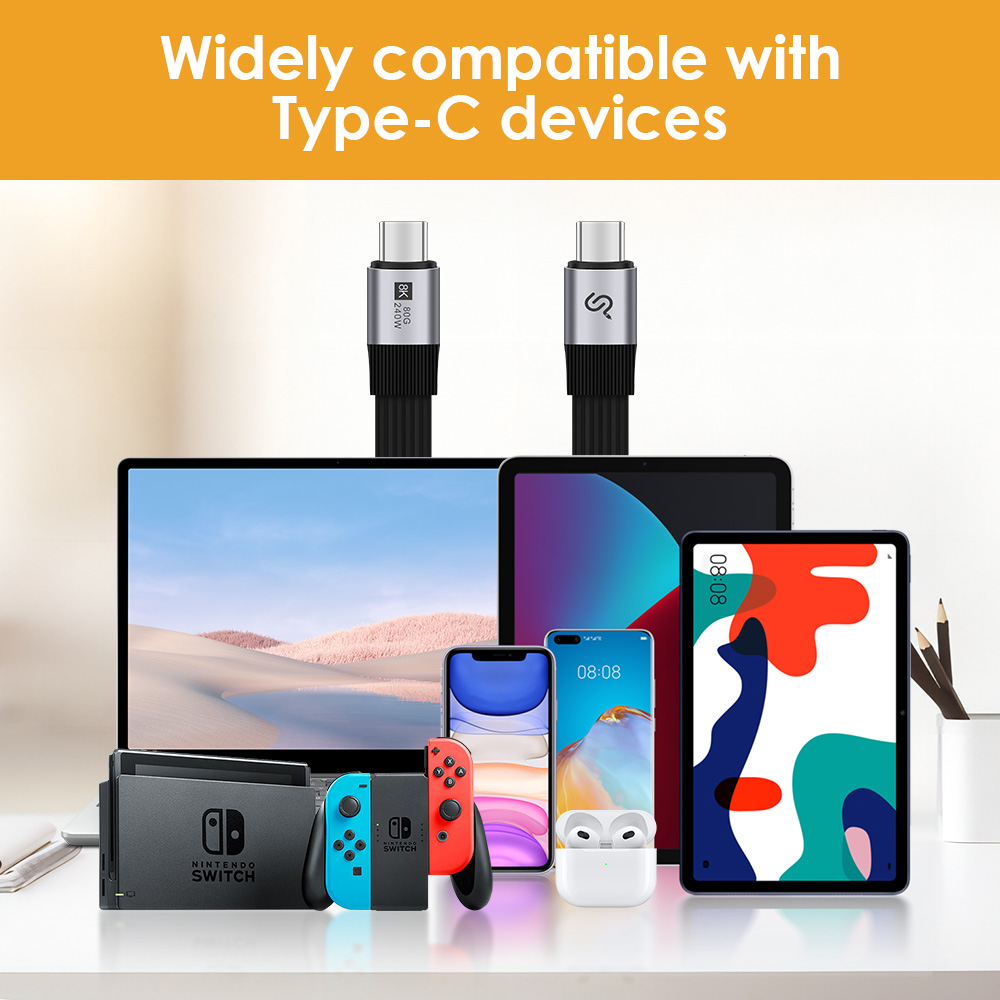 USB-C cable is widely compatible with Type-C devices that work with laptops, Switches, phones, tablets, and earbuds