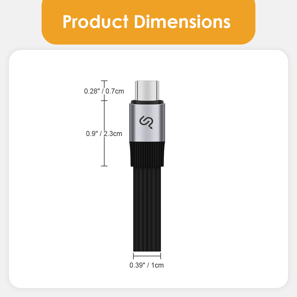 Product dimensions of USB 4.0 Type-C to Type-C cable (connector: 0.9''x0.28''; cable width: 0.39'')