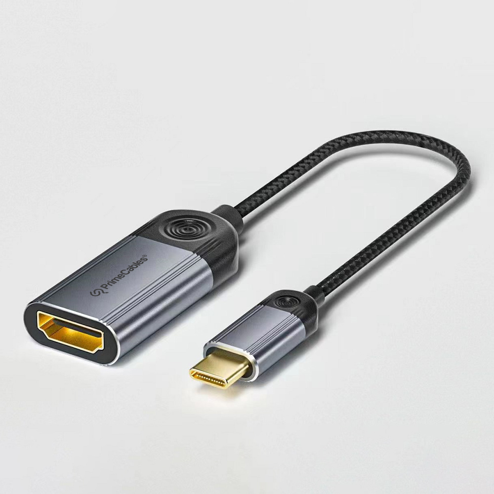 Shown a PrimeCables USB-C to HDMI adapter that comes with a black nylon-braided jacket