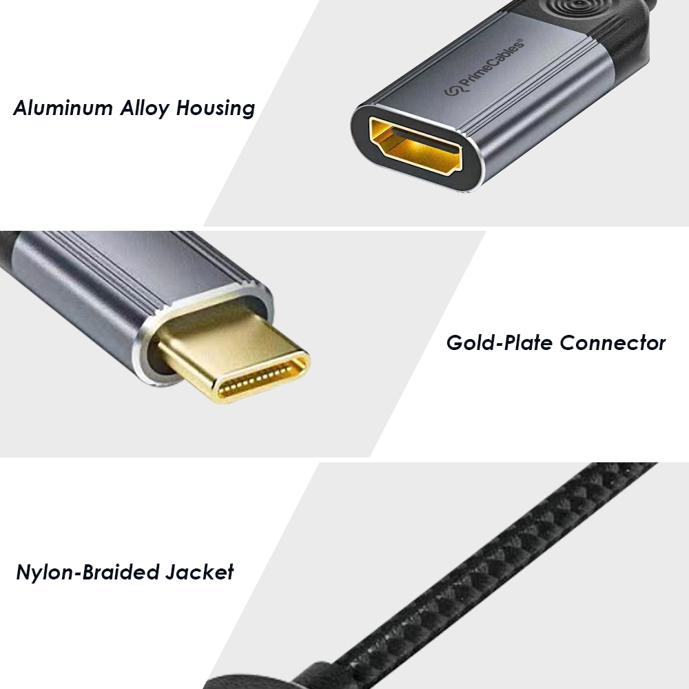 USB-C to HDMI adapter adopts an aluminum alloy housing, gold-plated connector, and black nylon-braided jacket