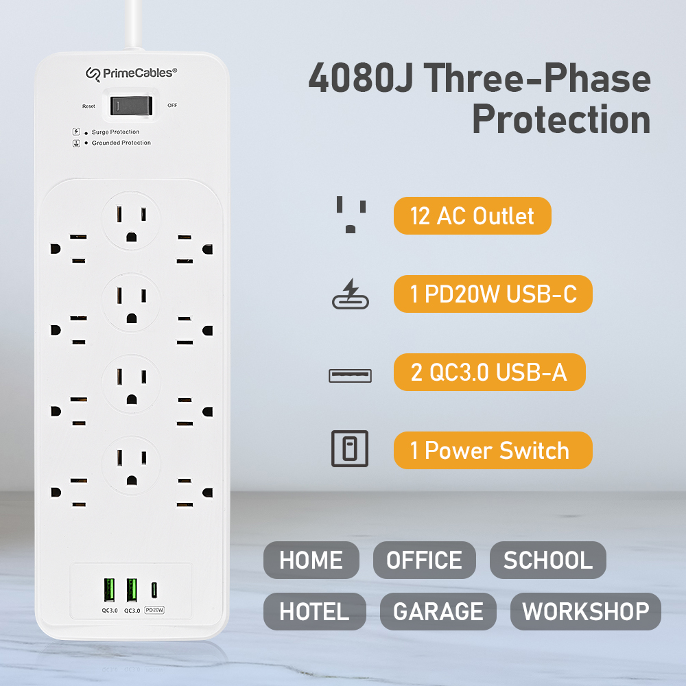 Surge protector power strip has a 4080J surge protection function, and is suitable for various places