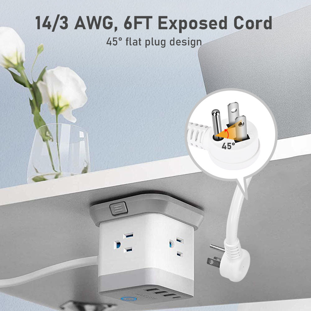 Surge protector power strip adopts a durable14/3 AWG power cord, 6 feet long, 45-degree flat plug cord