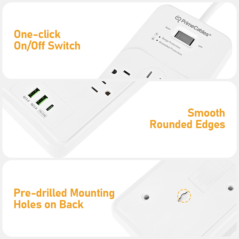 PrimeCables surge protector power strip features power switch, rounded casing edges, pre-drilled mounting holes on back