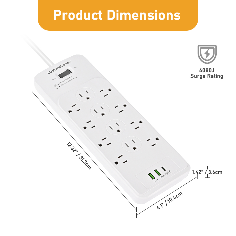 Dimension diagram of white 12-outlet surge protected power strip listing inch and centimeter measurements