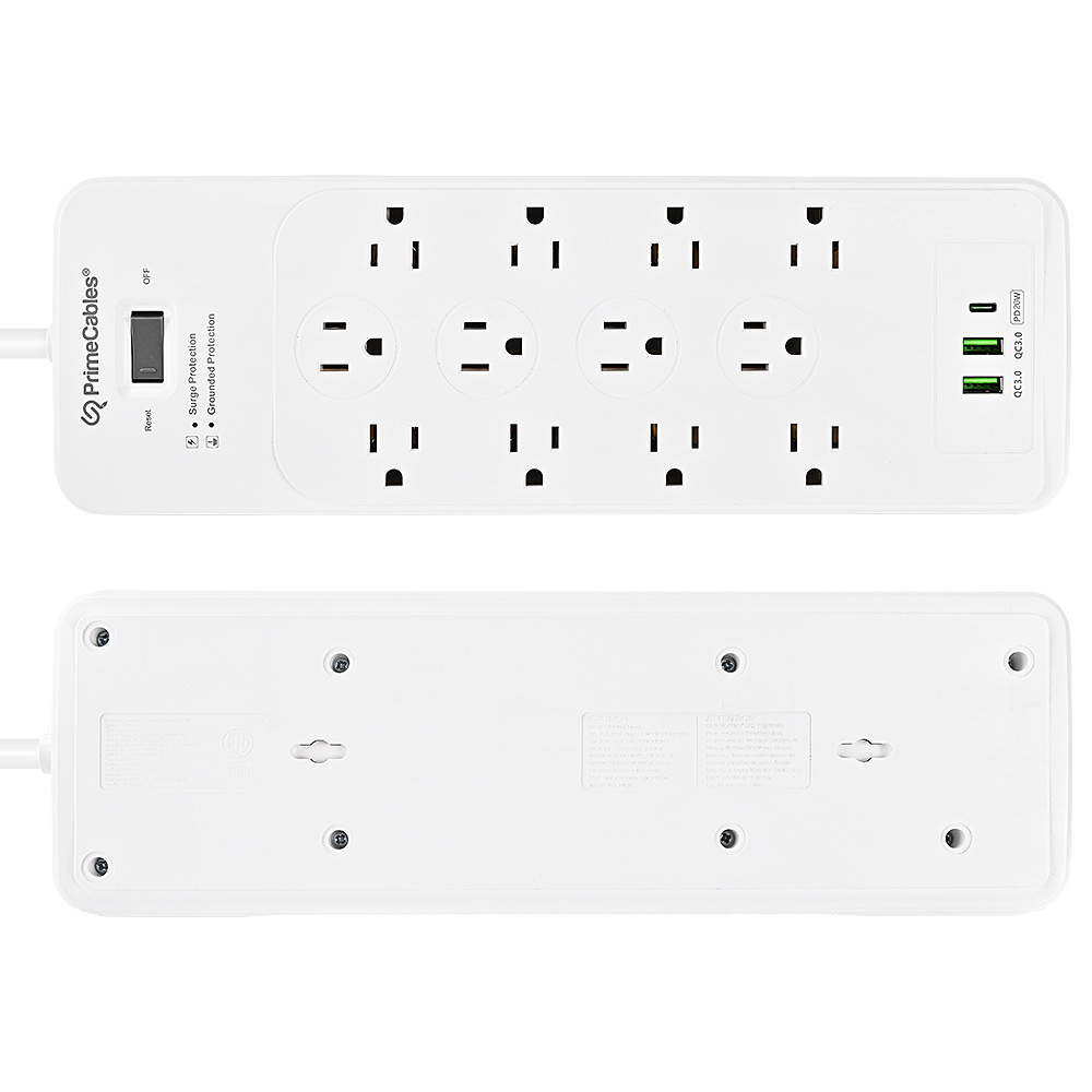 Dual sided flat lay photo shows front outlet layout and rear pre-drilled mounting holes of white surge protector power strip