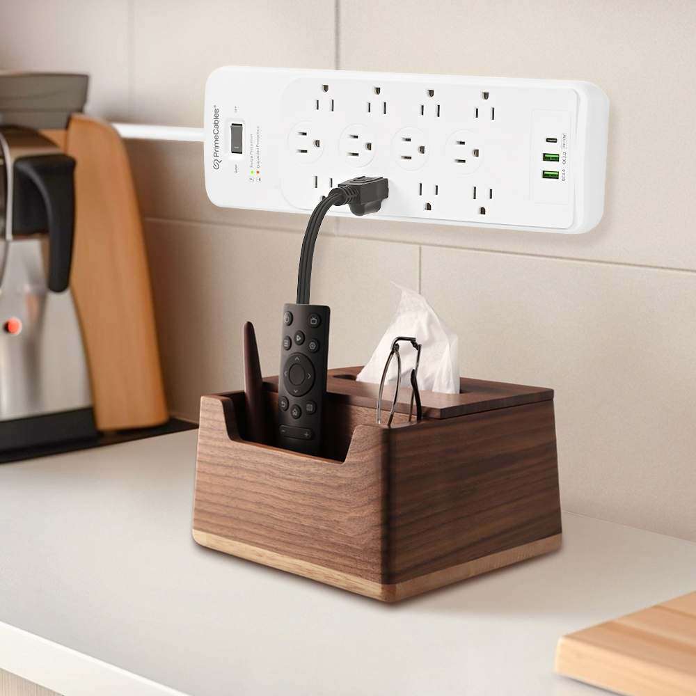 Install this surge protector power strip on the kitchen tile wall to supply power to kitchen appliances