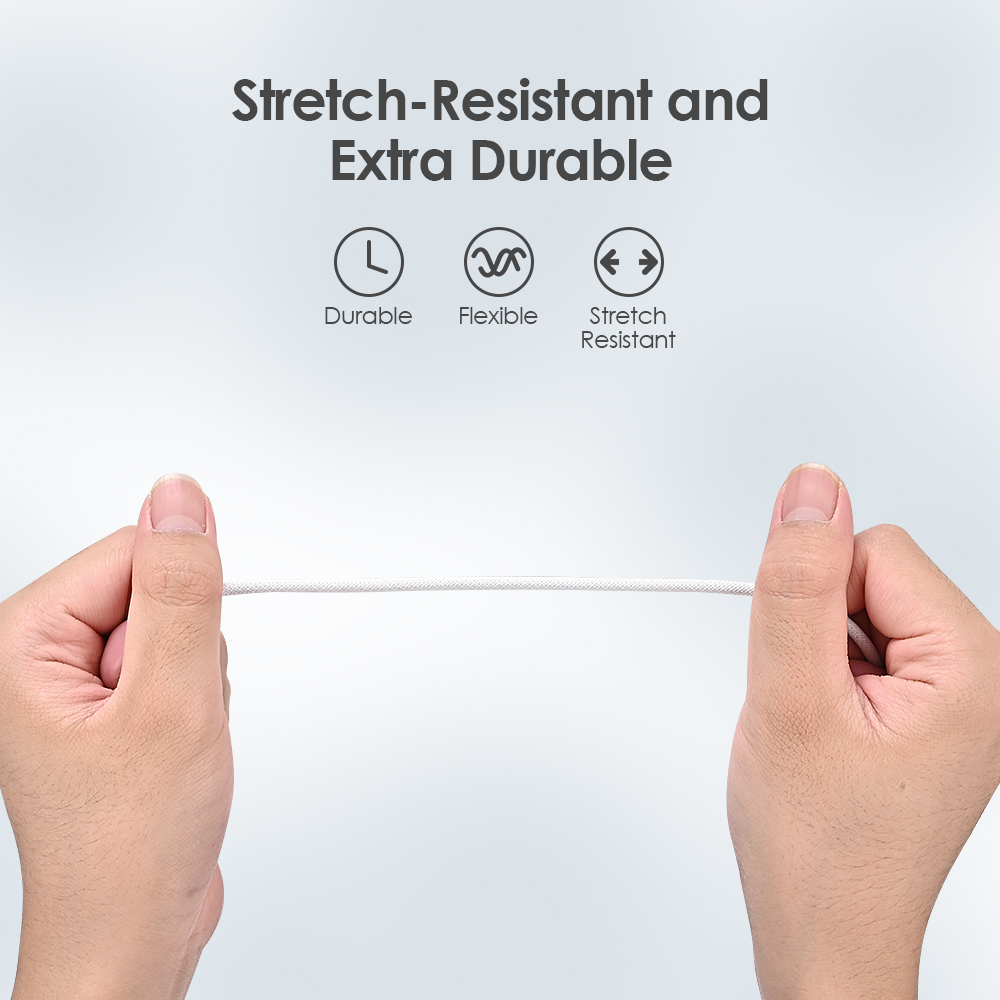 This white nylon braided USB-C to Lightning cable has a stretch-resistant, flexible, and durable design
