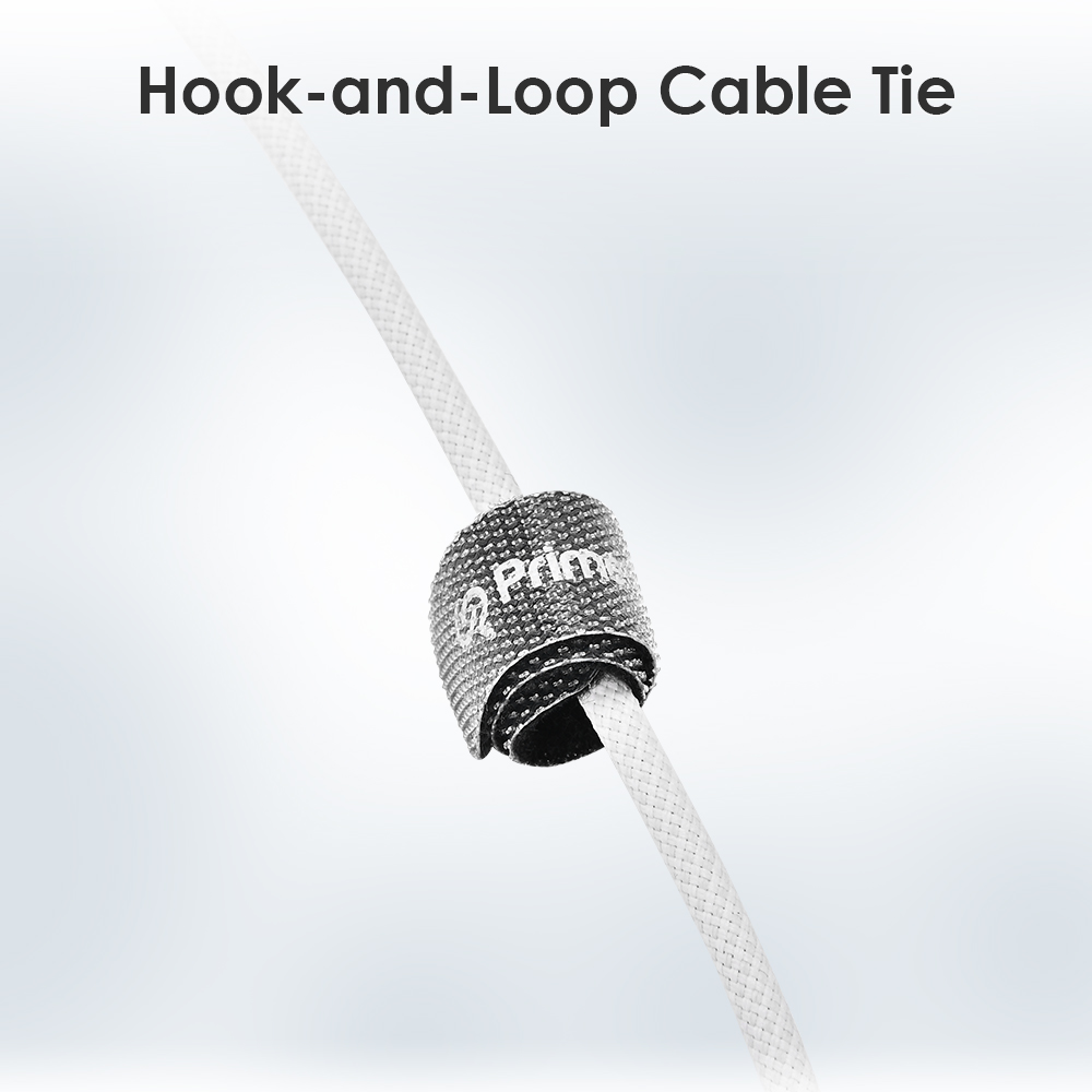 PrimeCables 3.3ft USB-C to Lightning cable equipped with a hook-and-loop cable tie for easy cable organization