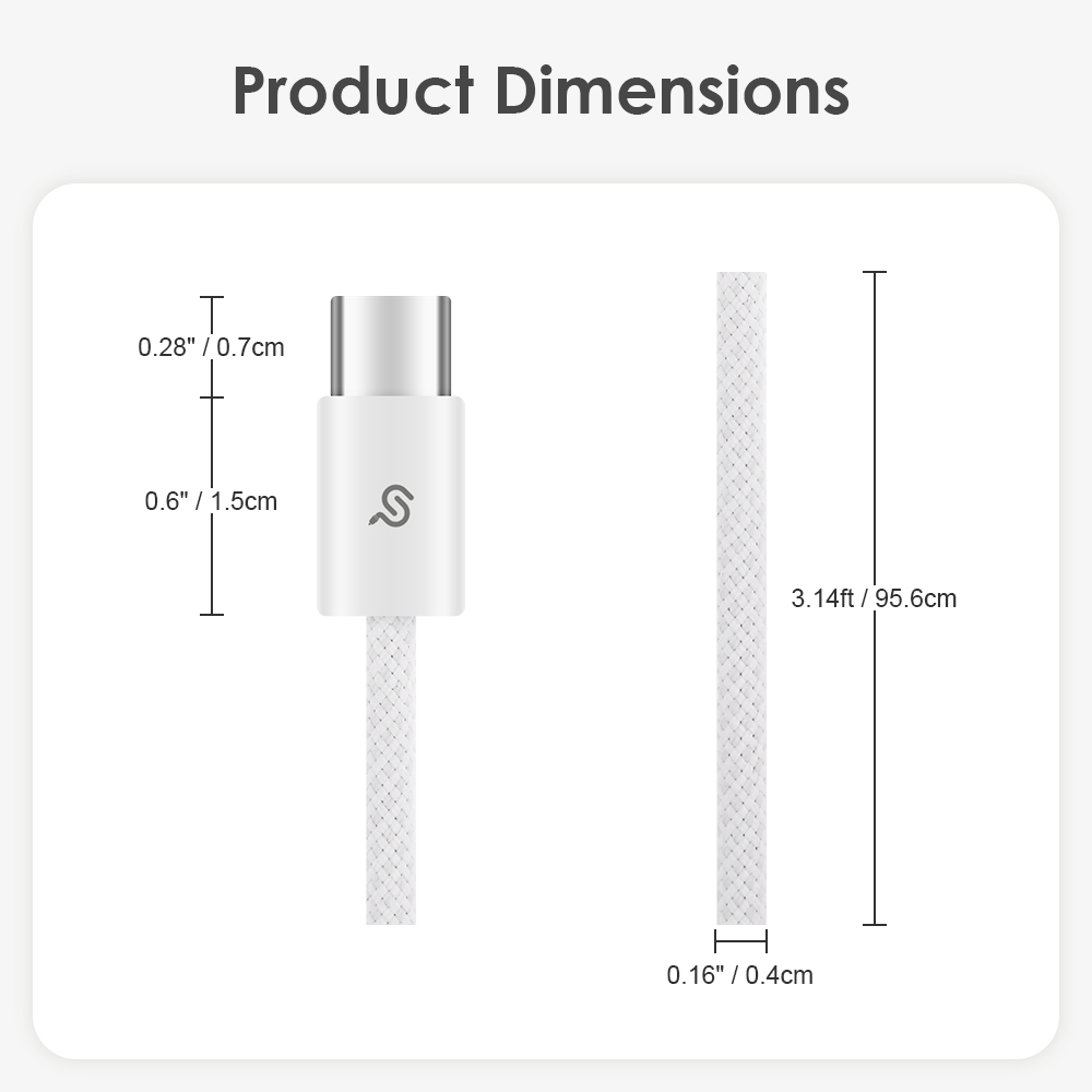3.3ft USB-C to Lightning cable size diagram: detailed measurements of the connector and the total length
