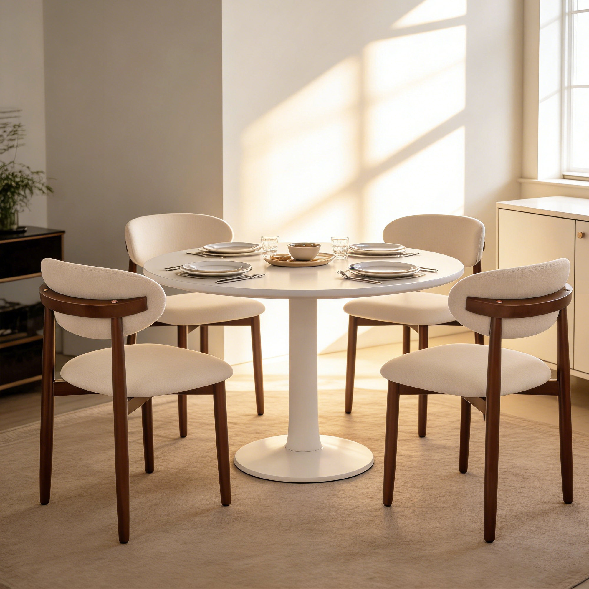 4 beige upholstered dining chairs arranged around a round white dining table in the dining room