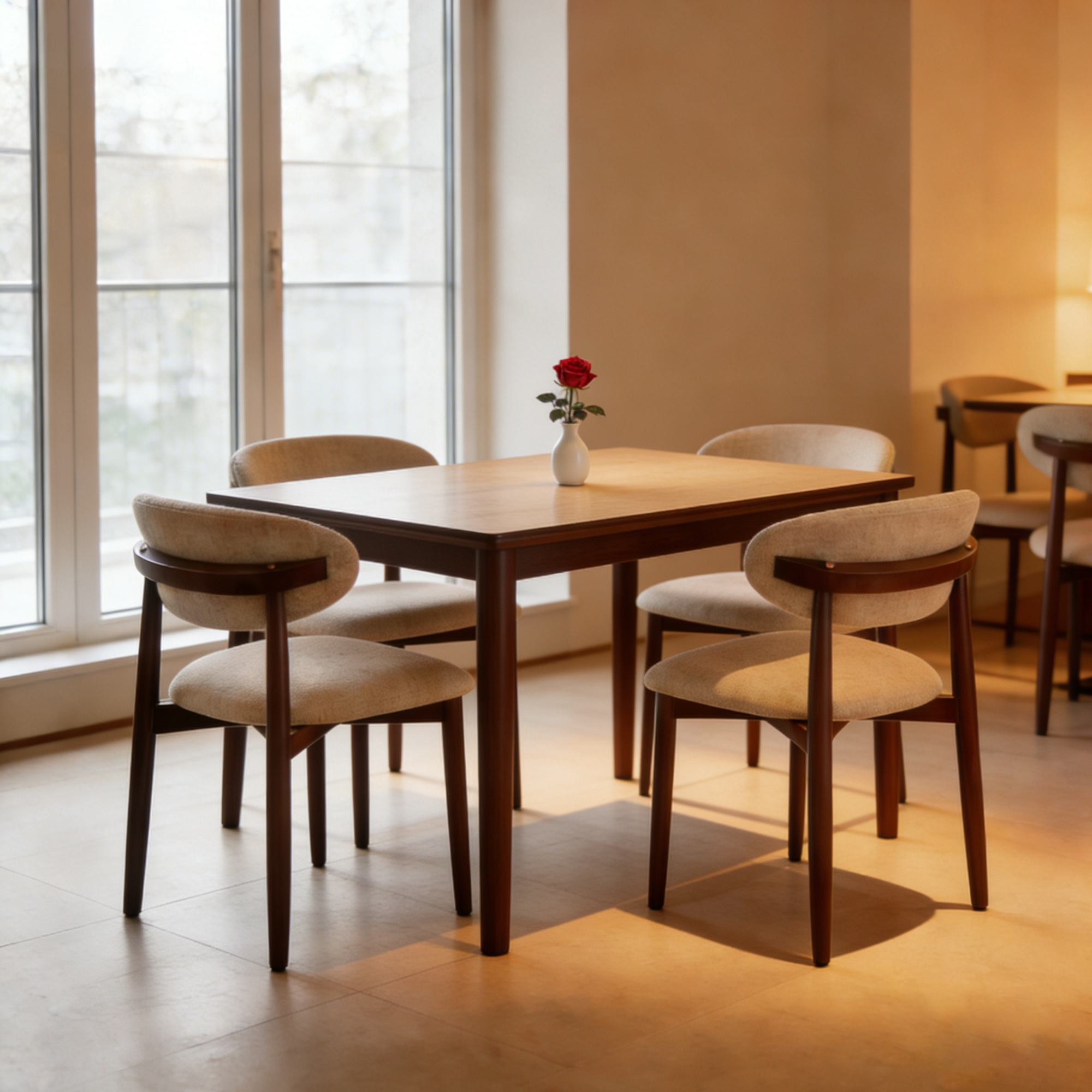 Four upholstered wooden dining chairs paired with a rectangular solid wood dining table beside a large glass window