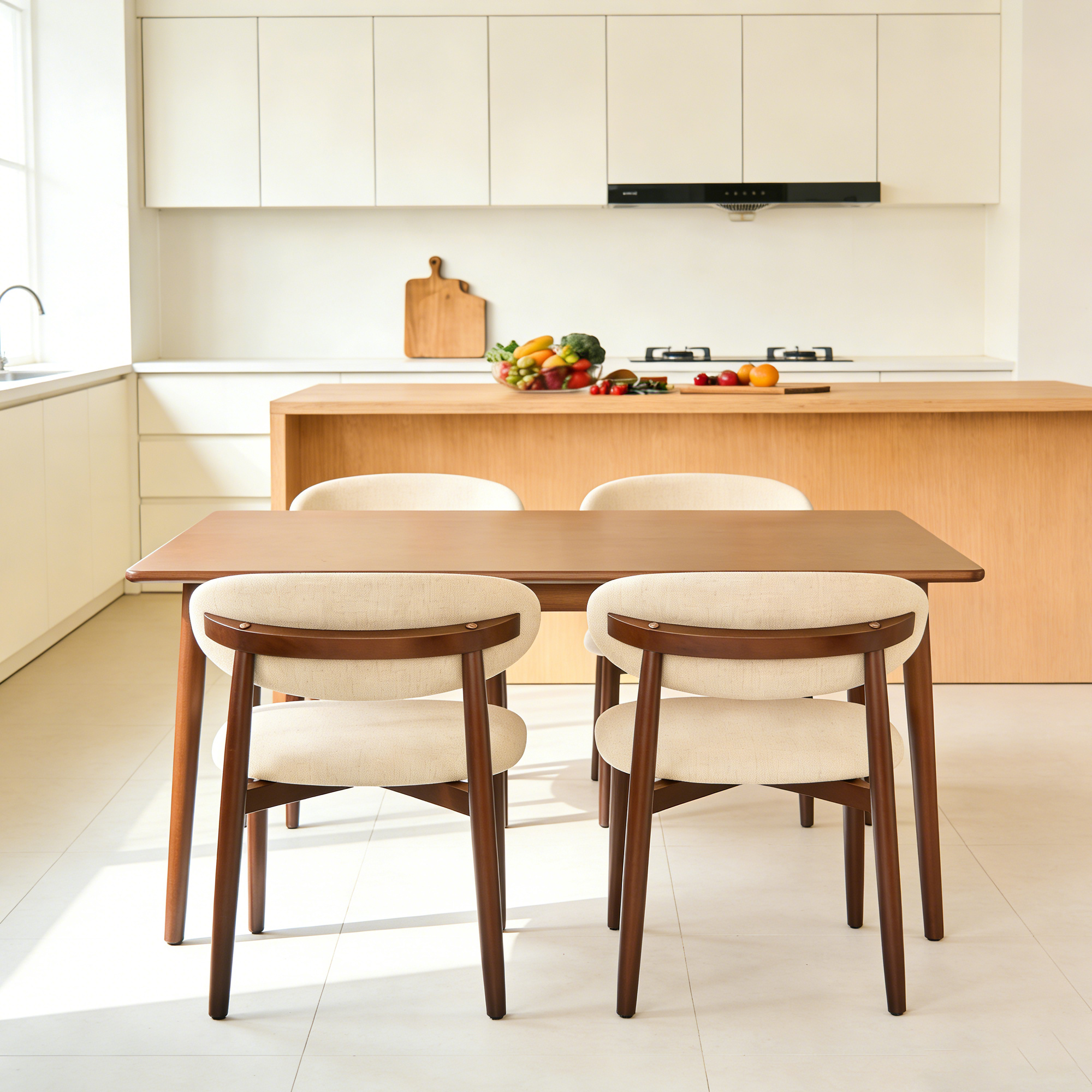 Moustache wooden upholstered dining chairs are positioned in the modern and bright kitchen