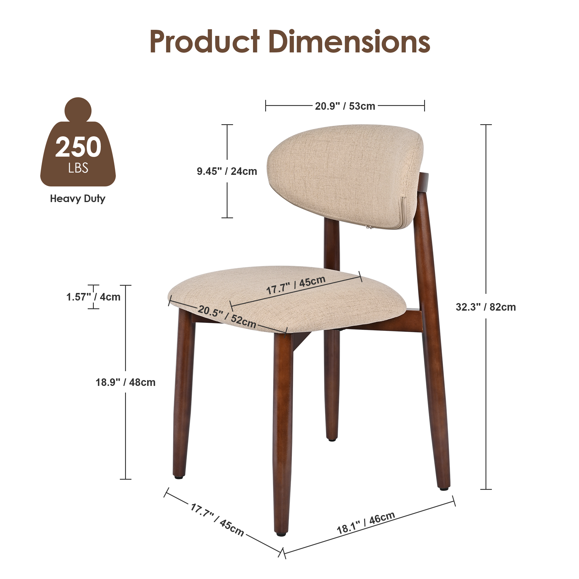 Product dimension diagram of the beige upholstered dining chair for seat, backrest, legs and overall height
