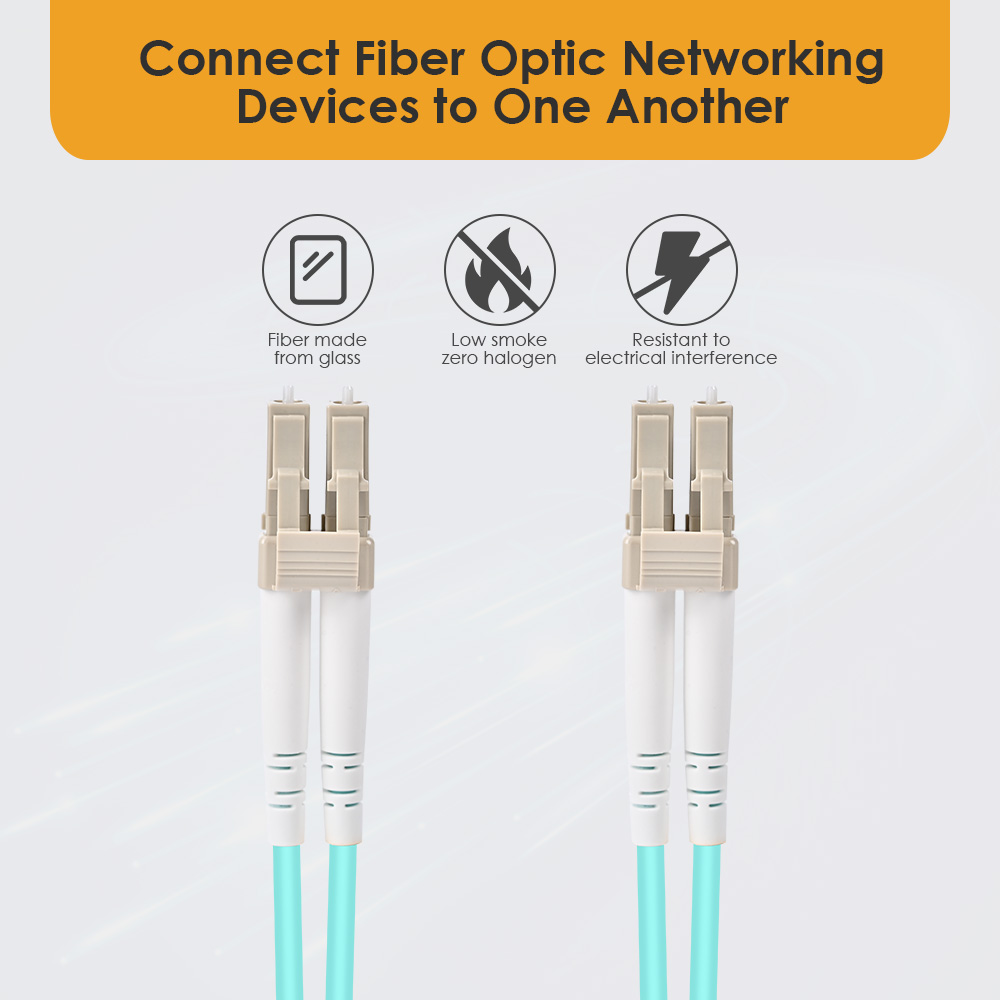 This LC to LC duplex fiber optic cable features glass fiber construction, LSZH jacket, and anti-electromagnetic interference