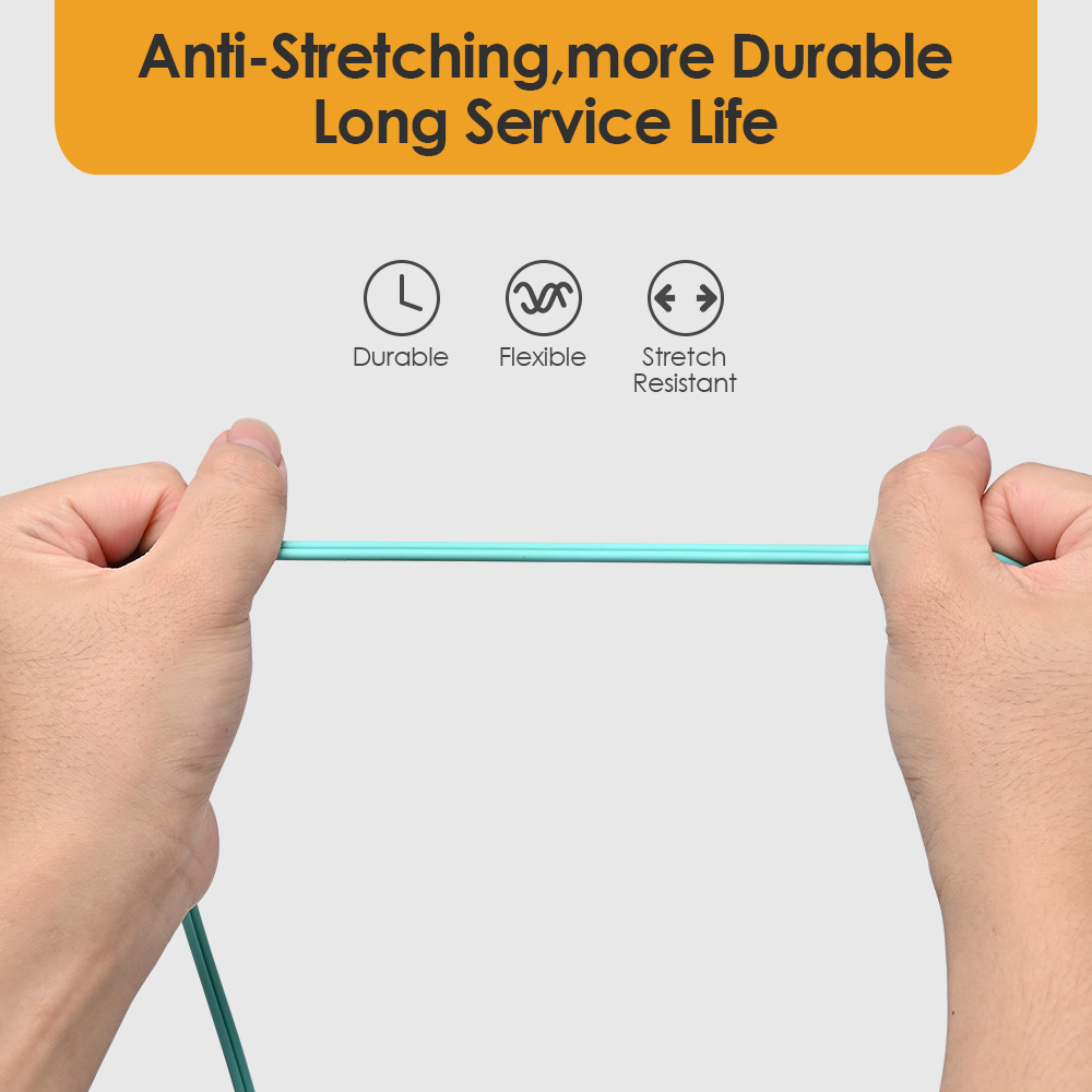 Two hands pulling an aqua fiber patch cable to demonstrate its flexible, stretch-resistant, and durable design