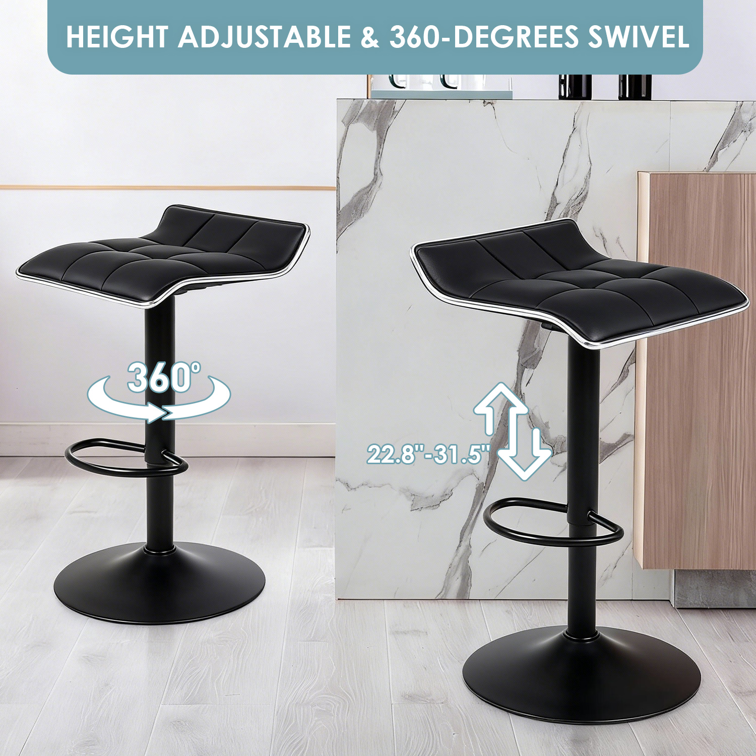 The adjustable leather swivel bar stool supports 360° rotation and height adjustable range from 22.8" to 31.5"