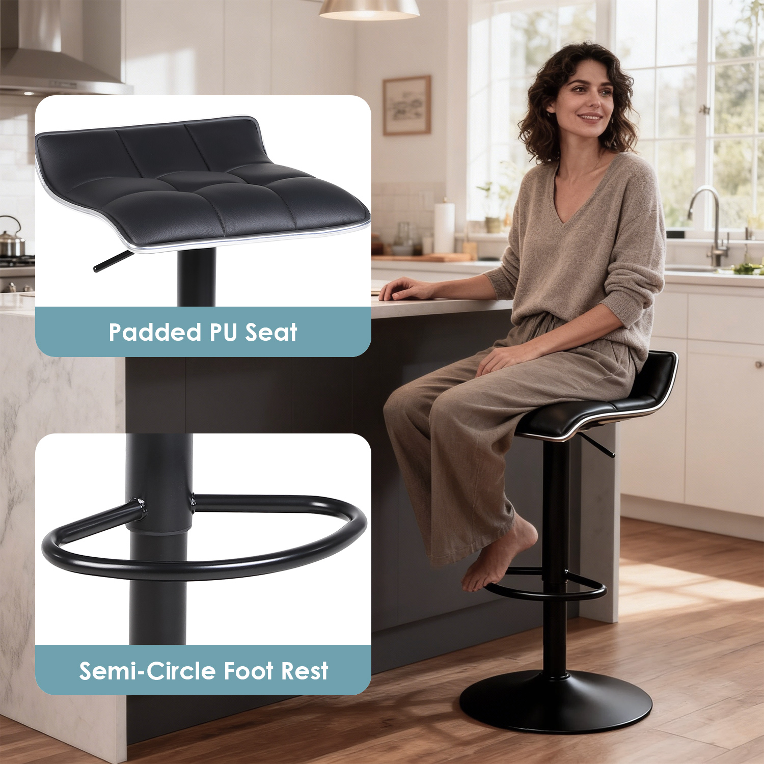 The leather swivel bar stool features a padded PU seat and semi-circle metal footrest