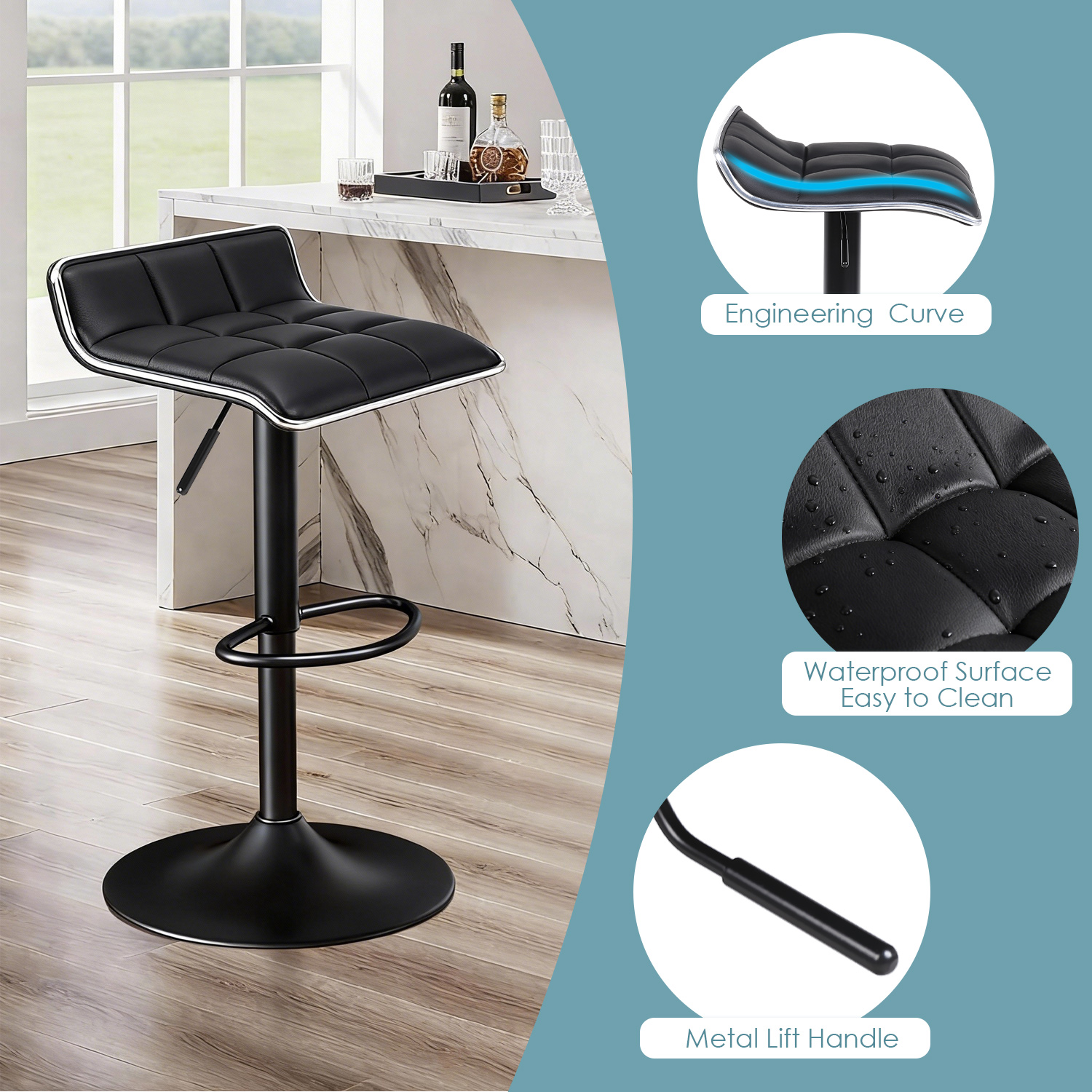 Leather swivel bar stool adopts ergonomic curved seat contour, waterproof easy-wipe PU surface and metal height lift lever
