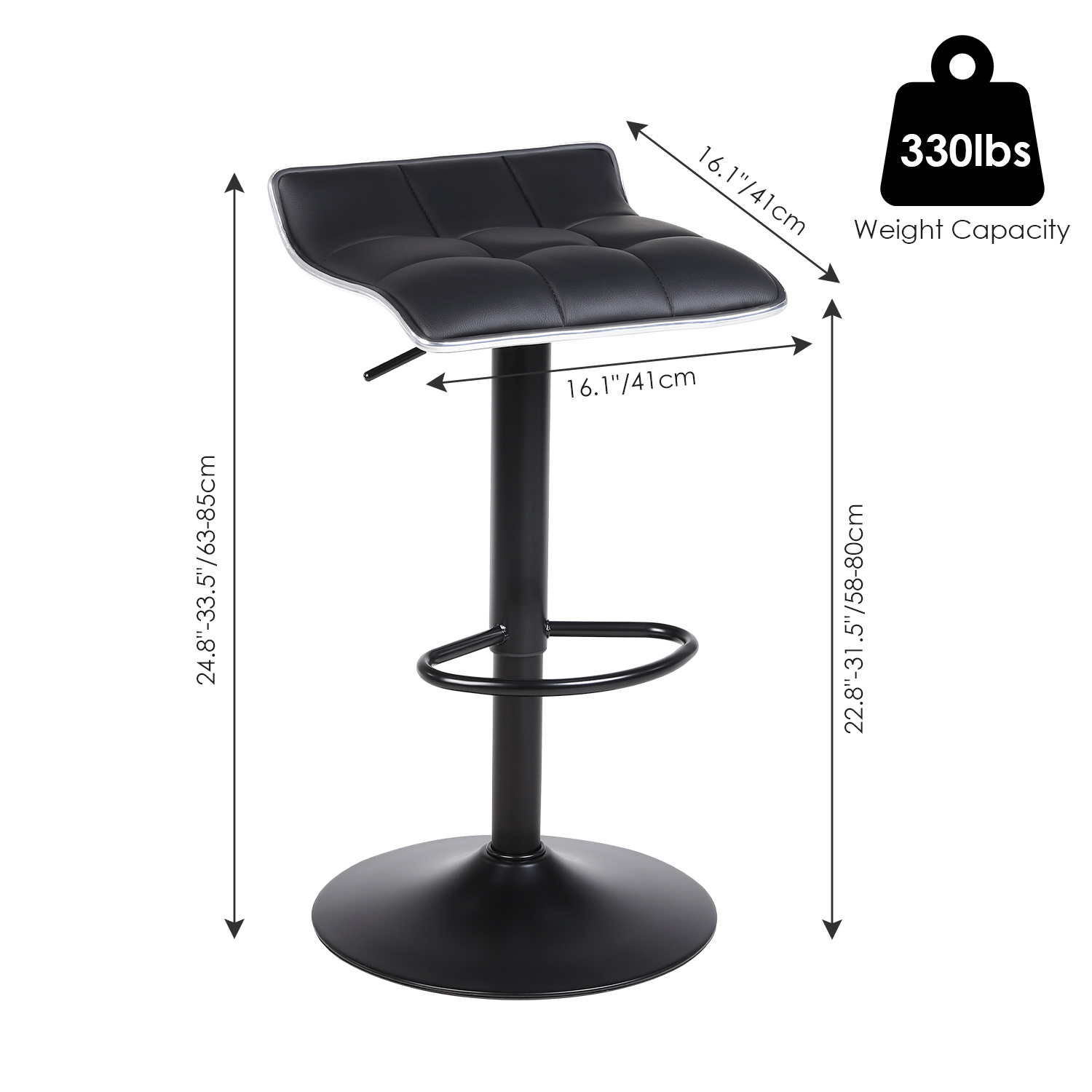 Dimension of backless black leather swivel bar stool, including width, height and maximum load capacity