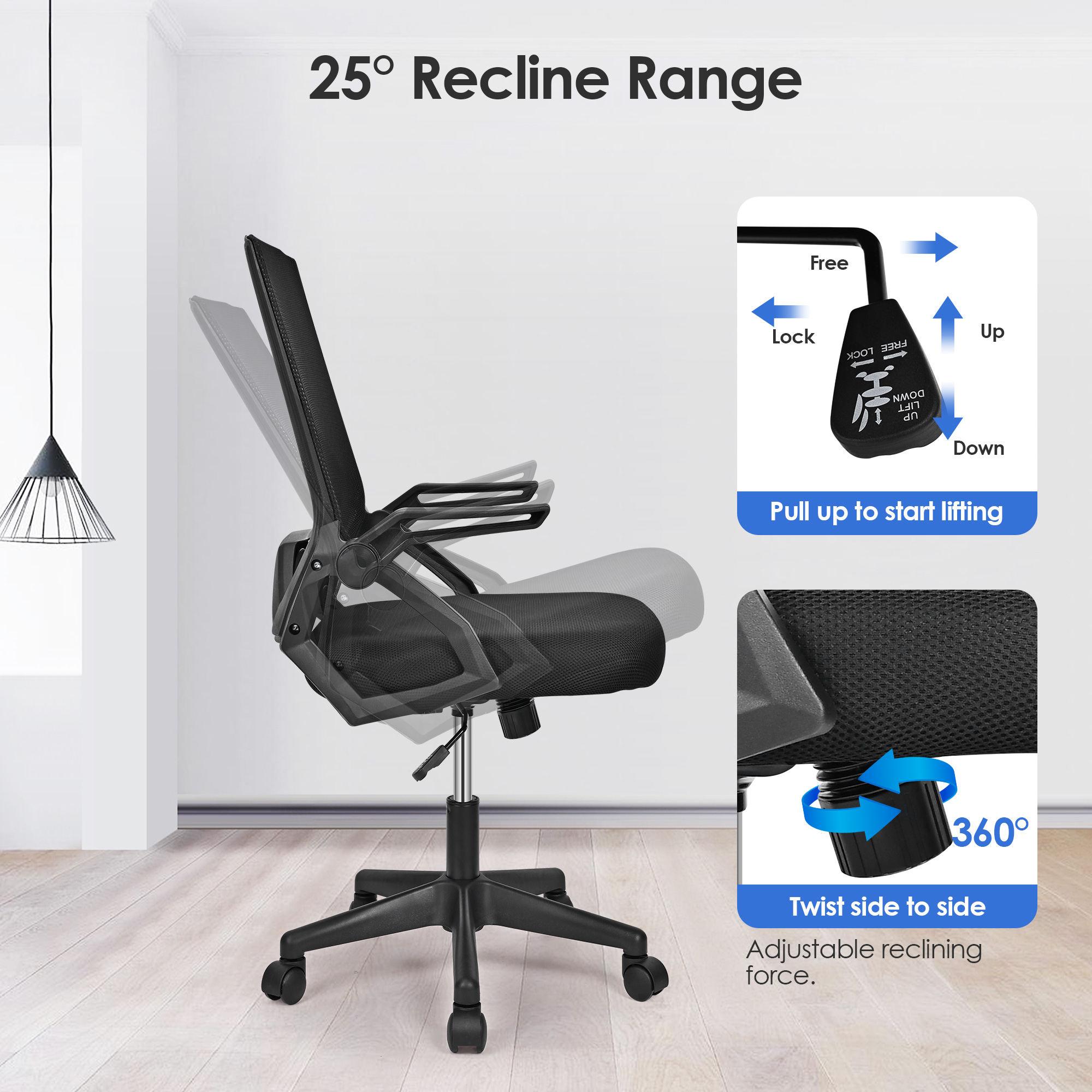 This black mesh office chair is equipped with a recline force knob, allowing the recline to be adjusted up to 25 degrees
