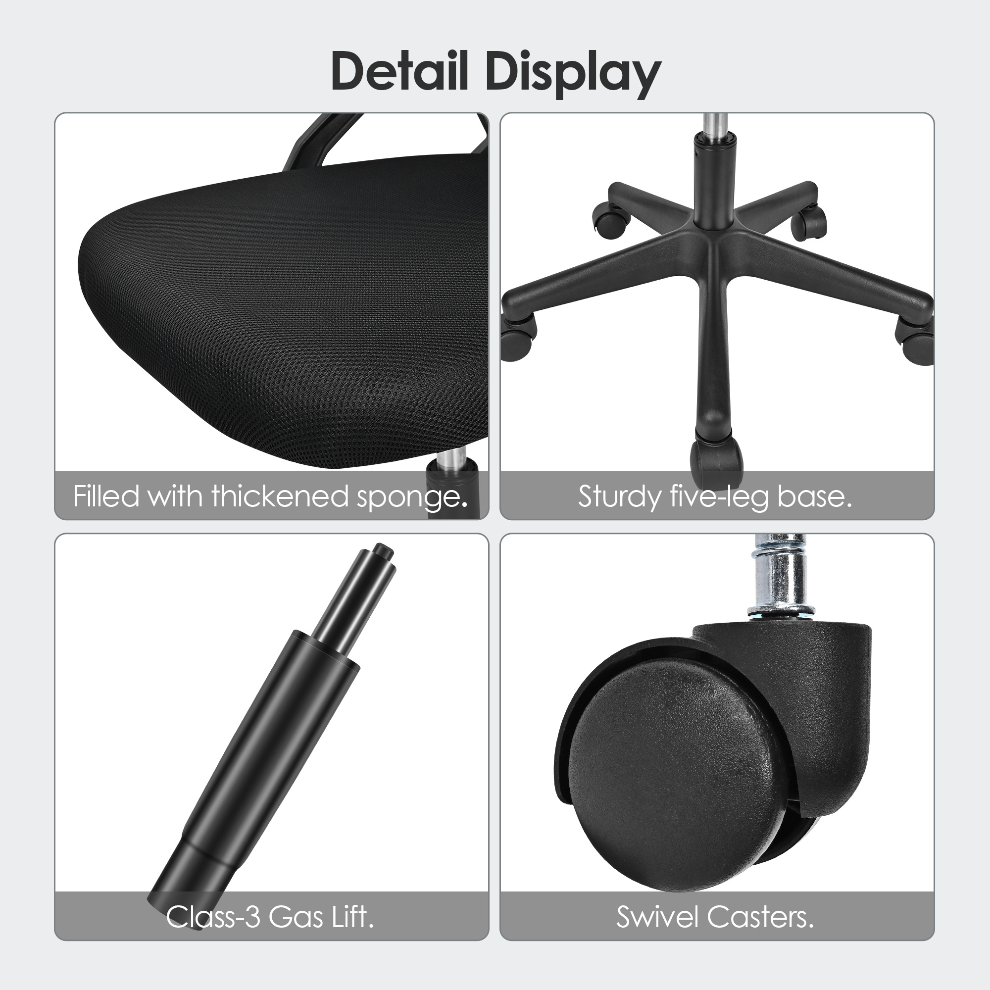 Black mesh office chair equipped with thickened sponge, sturdy base, smooth casters, and 3-level gas lift