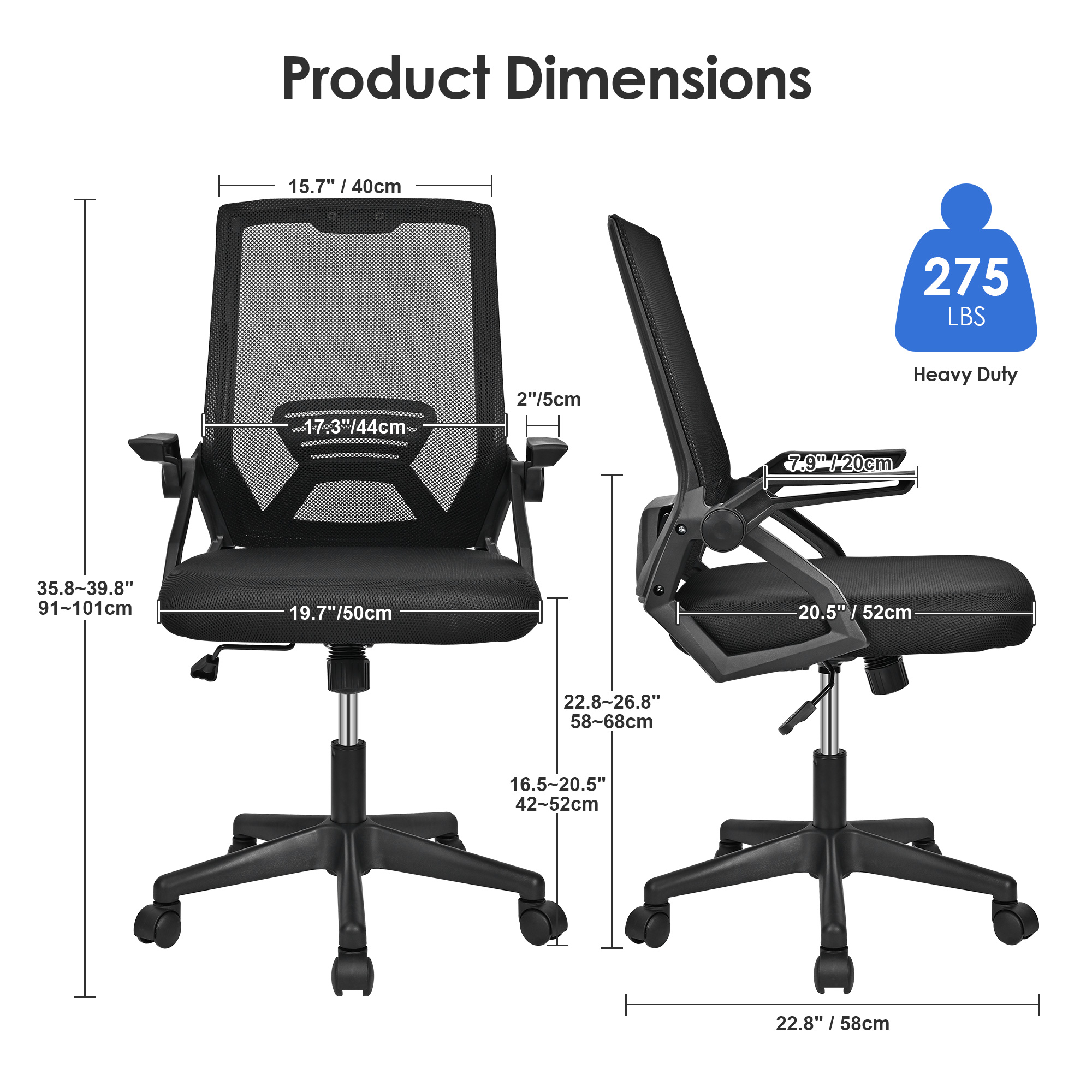 Dimension diagram of Moustache® ergonomic mesh office chair, and it supports up to 275lbs weight capacity