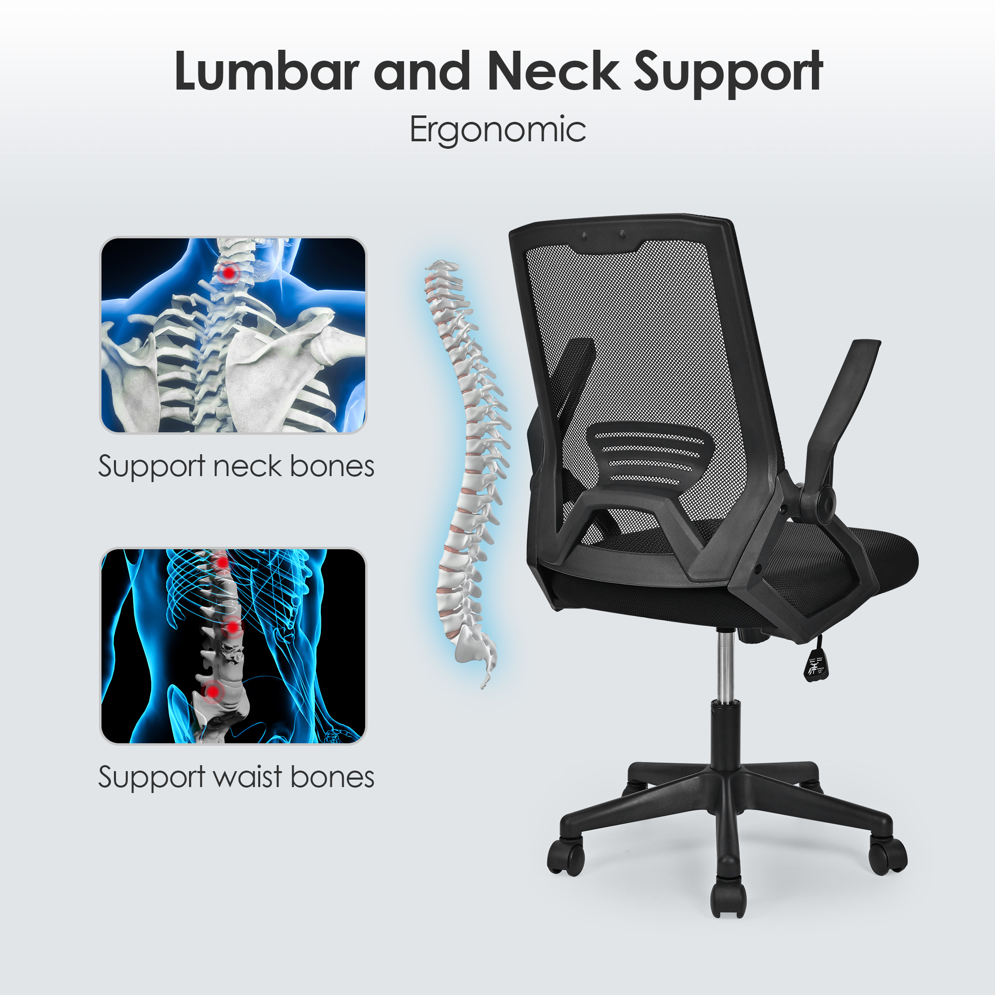 Moustache® black ergonomic mesh office chair equipped with lumbar and neck support
