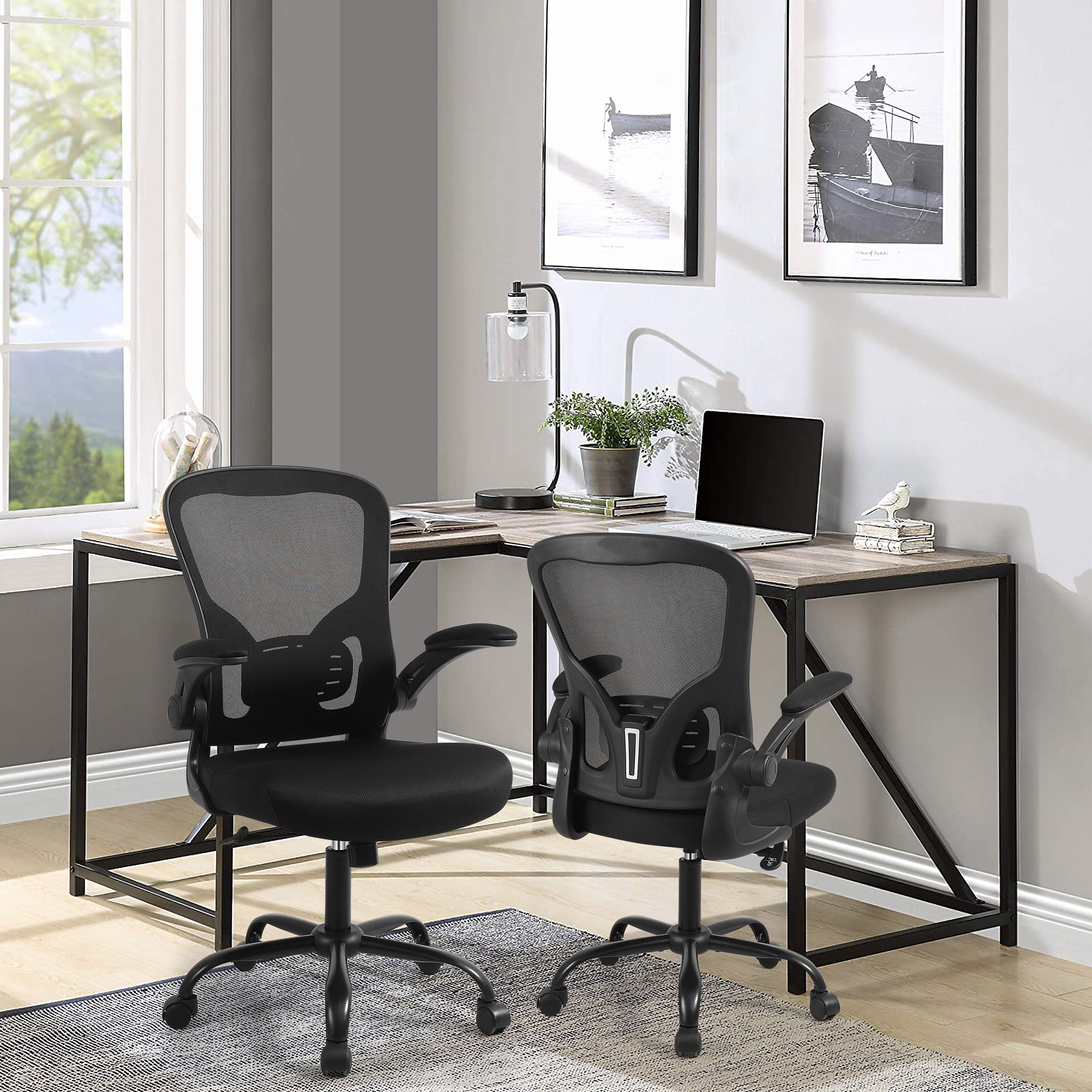 The front and back structure of this ergonomic mesh office chair displayed next to an L-shaped wooden home desk