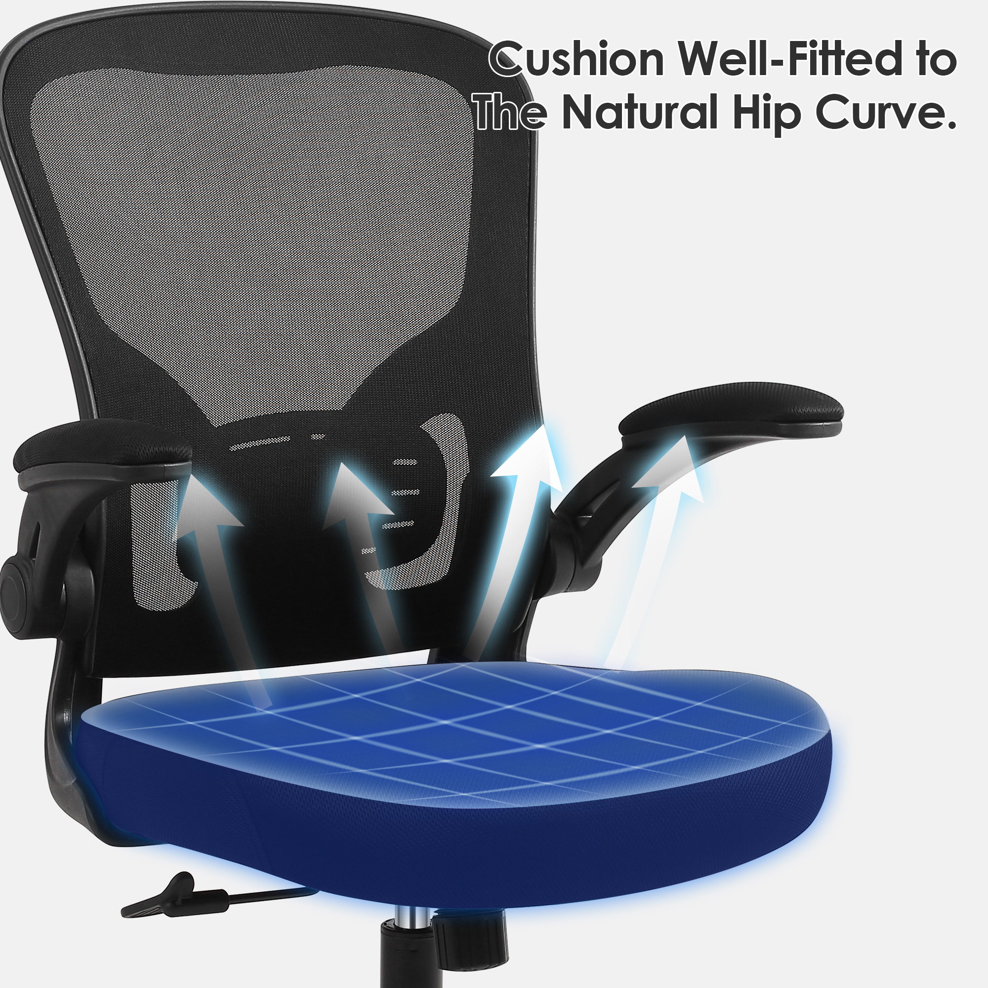 Ergonomic mesh office chair features a thick seat cushion shaped to match natural hip curves