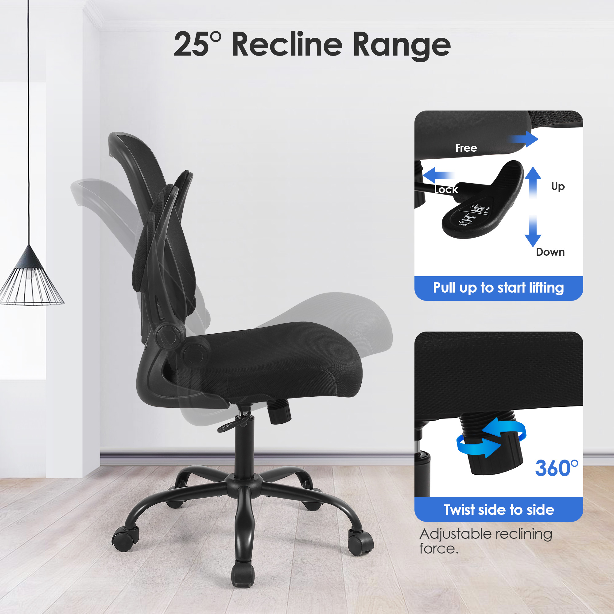 Moustache ergonomic mesh office chair is adjustable, with a recline angle adjustment range of 25 degrees