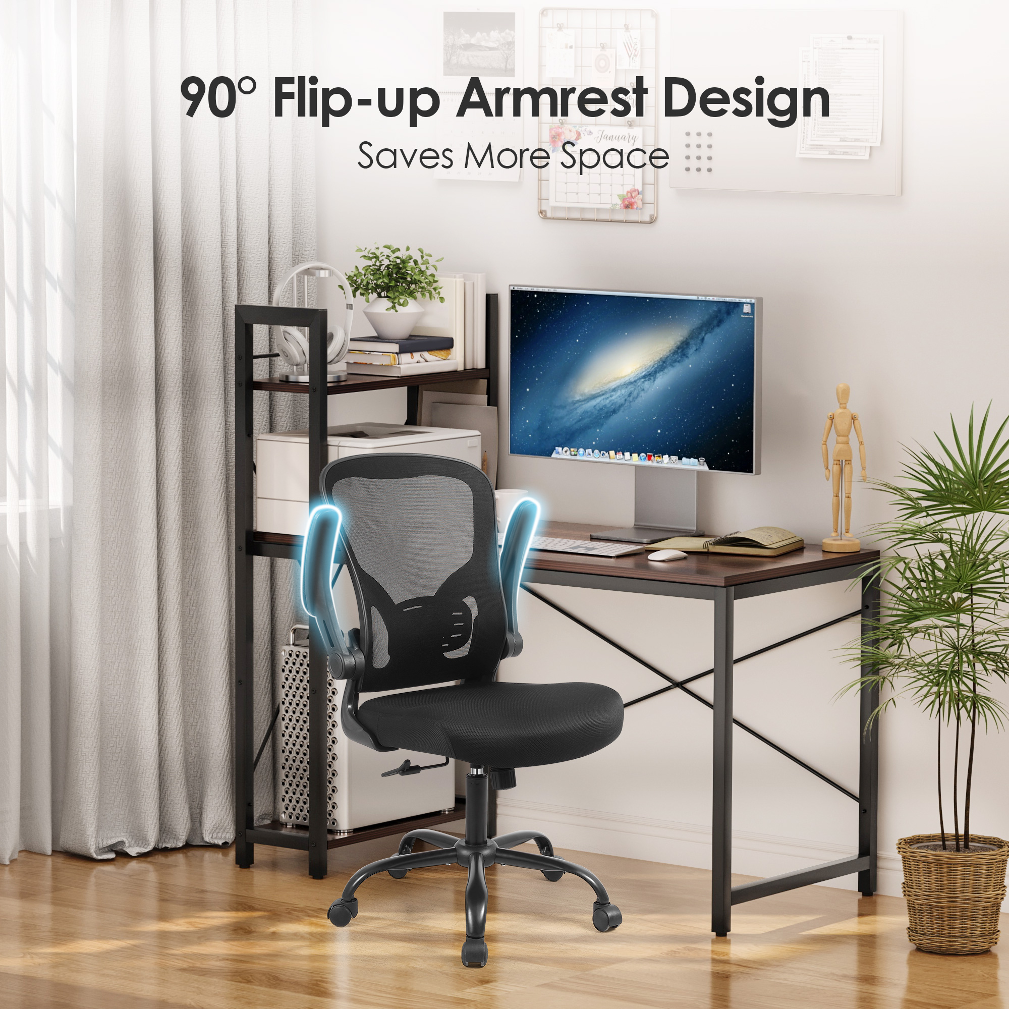 Black mesh office chair has a 90 degree flip up foldable armrests, which can save more working space
