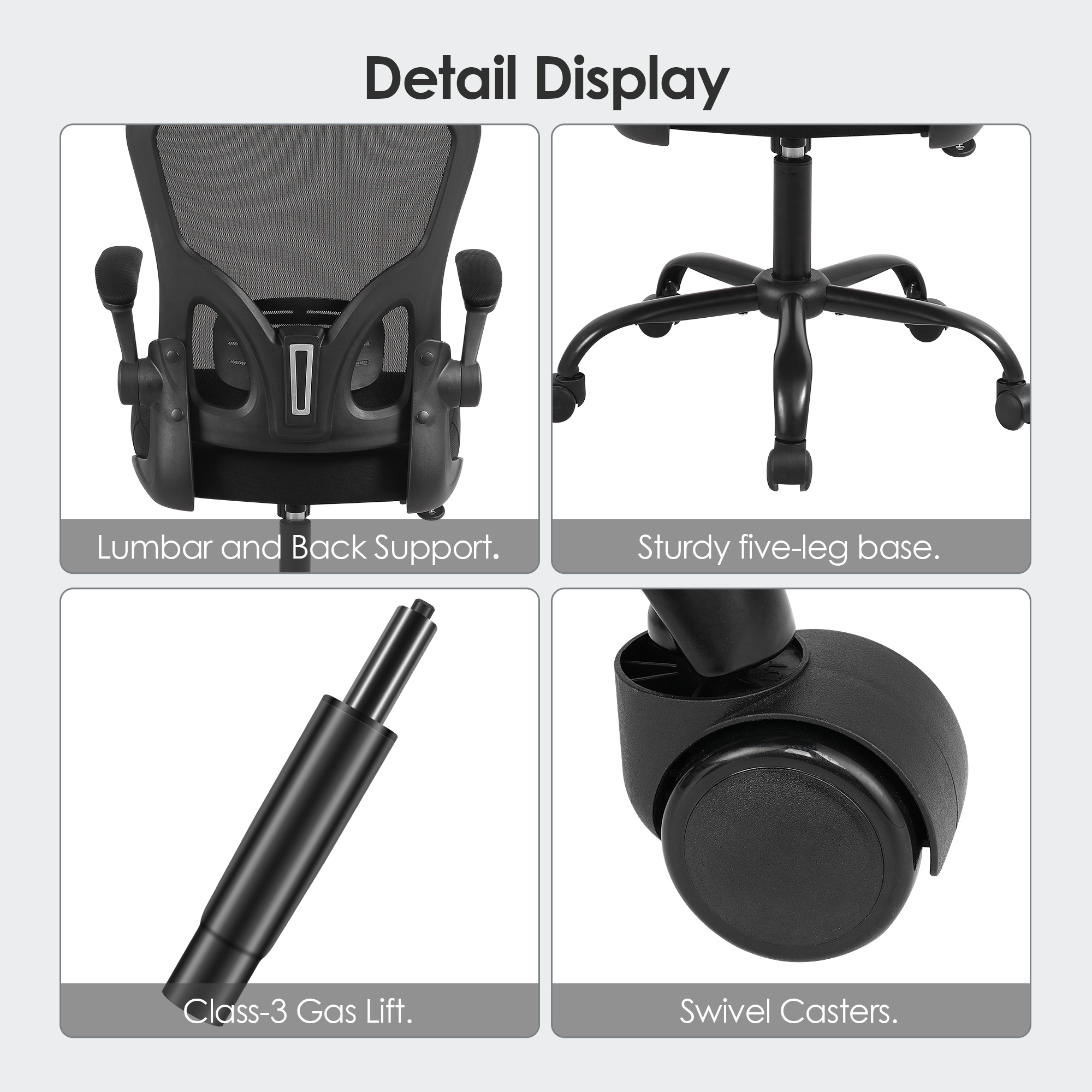 Mesh office chair, with built in lumbar support, five-leg metal base, class-3 gas lift and swivel casters