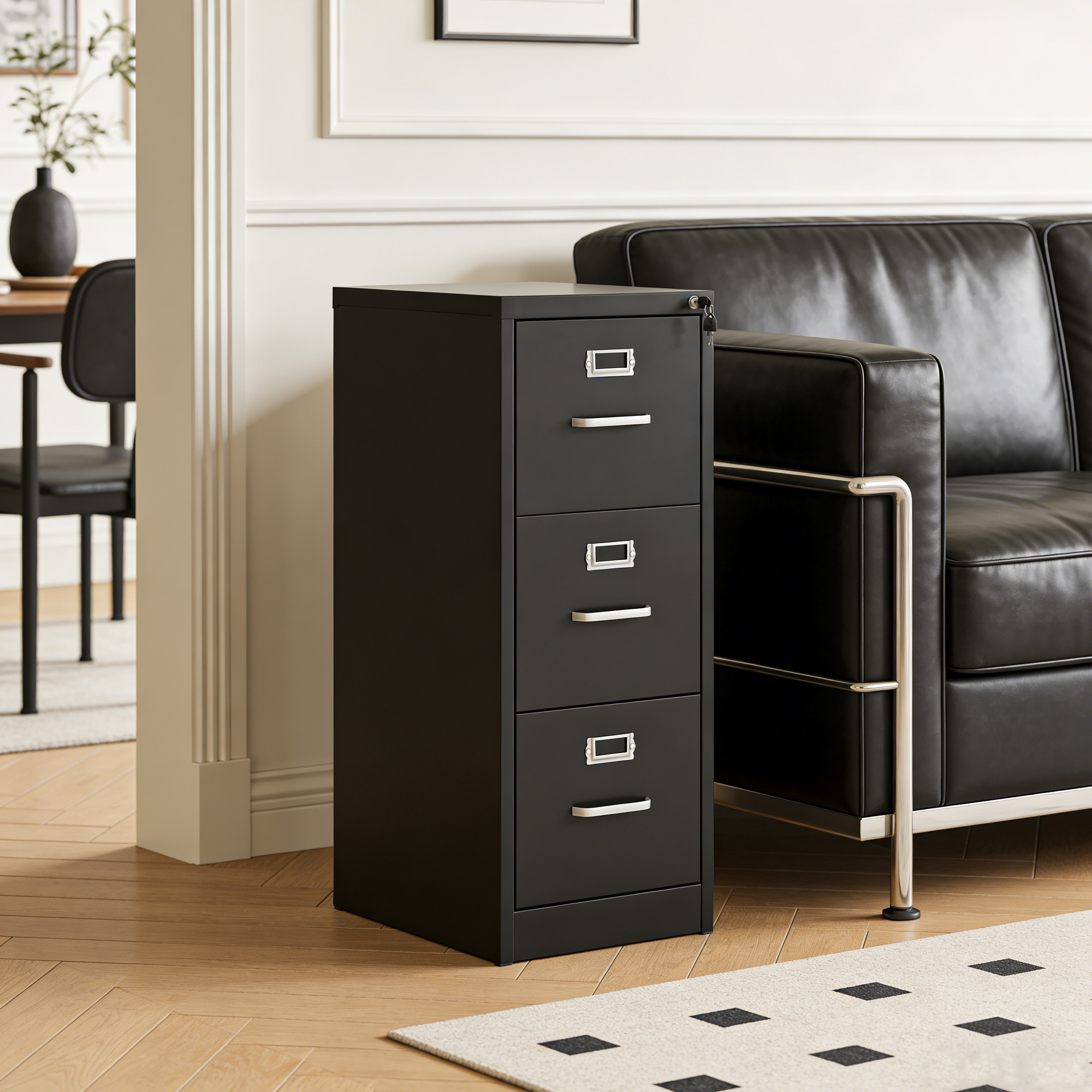 Black 3-drawer lockable metal file cabinet placed in modern living room beside black leather sofa
