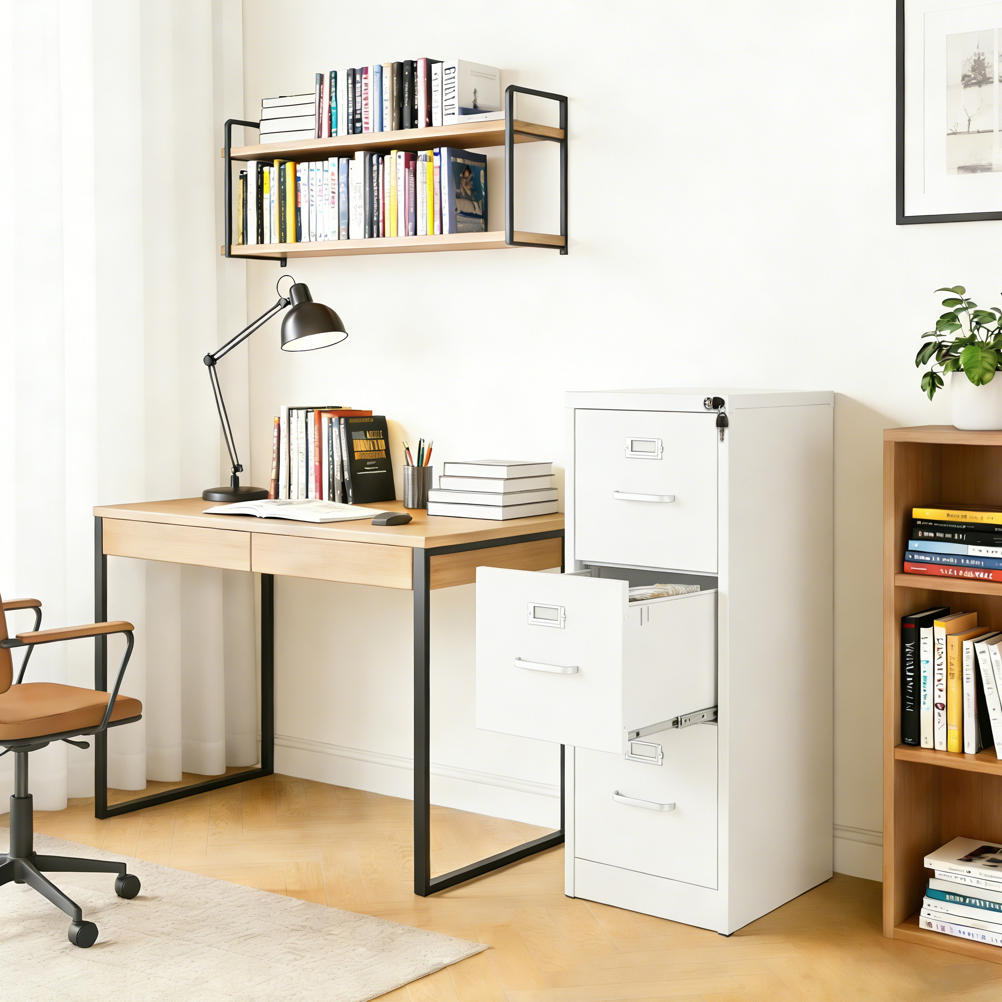 A middle-distance view showing the approximate height and size of a white three-drawer filing cabinet placed next to a desk