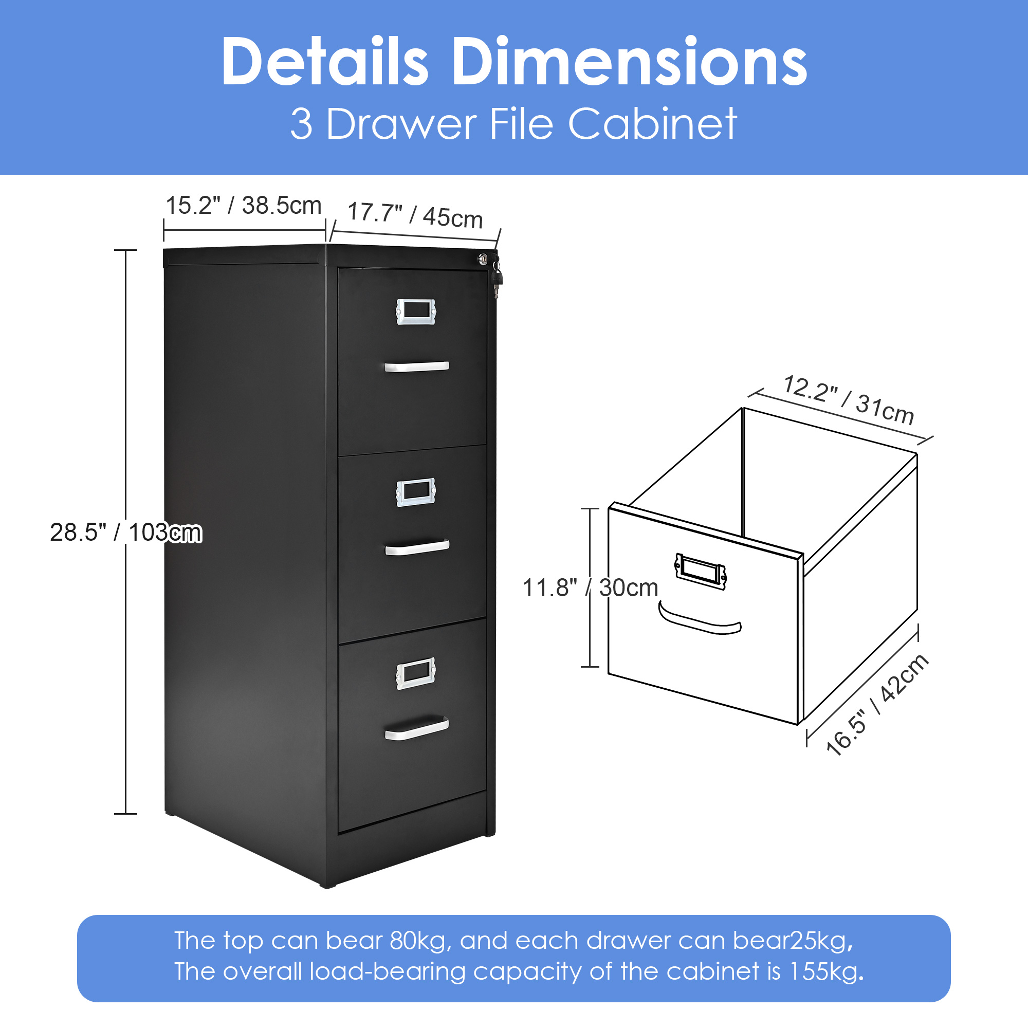 Dimension of black 3-drawer filing cabinet listing overall cabinet and single drawer measurements plus full weight capacity