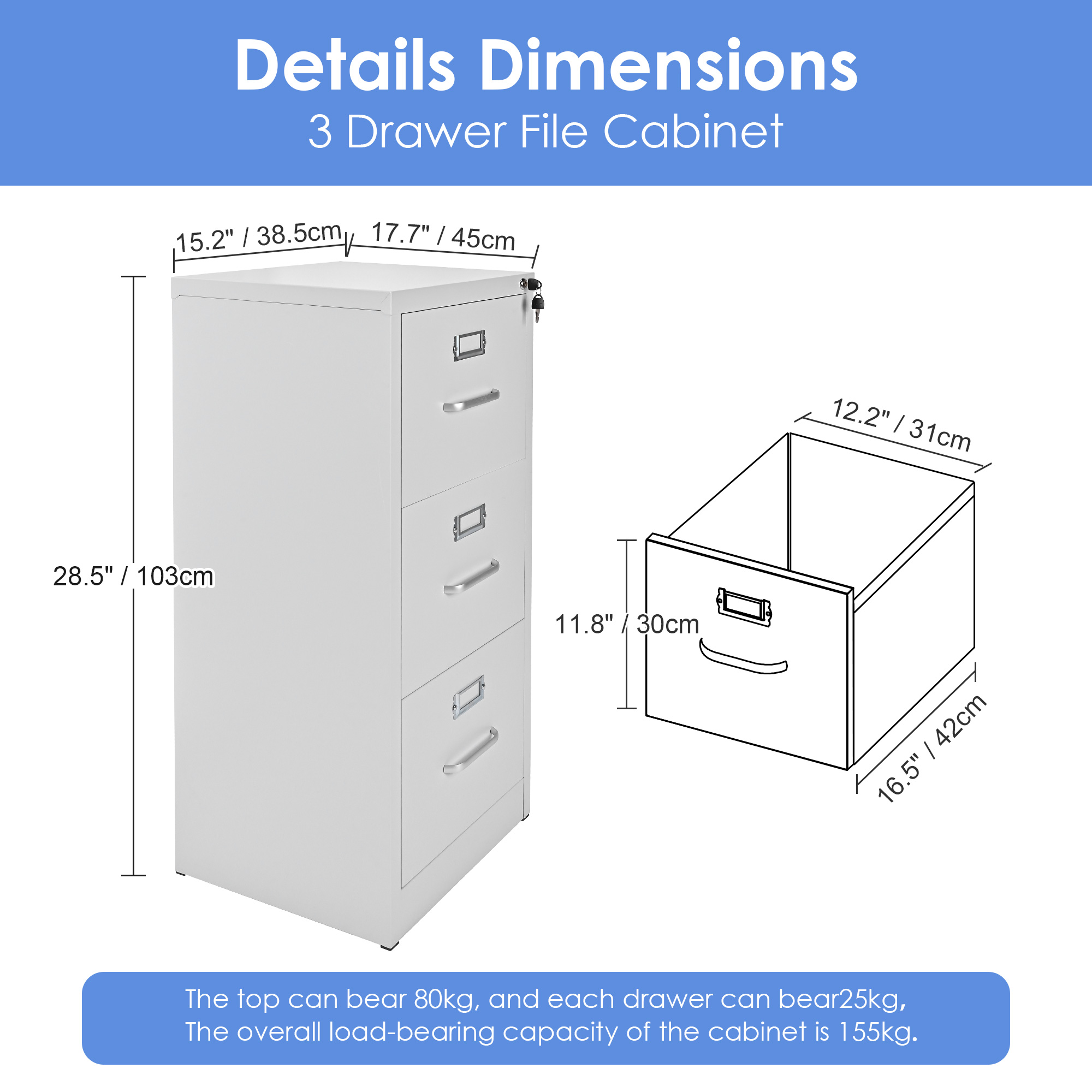 Dimension blueprint of white 3-drawer file cabinet showing full cabinet and drawer dimensions and bearing capacity