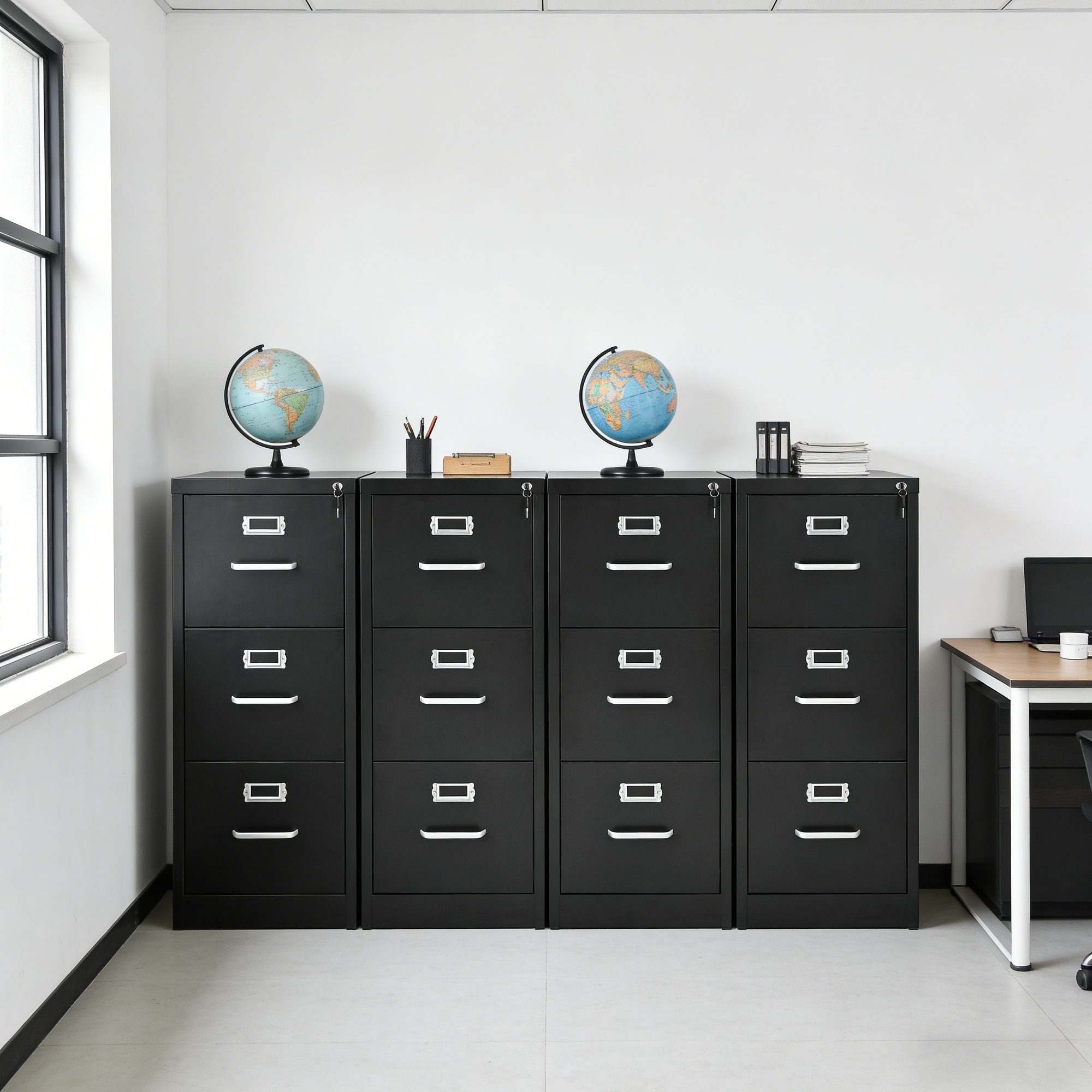 Four black 3-drawer vertical metal office filing cabinets lined up side-by-side in a room