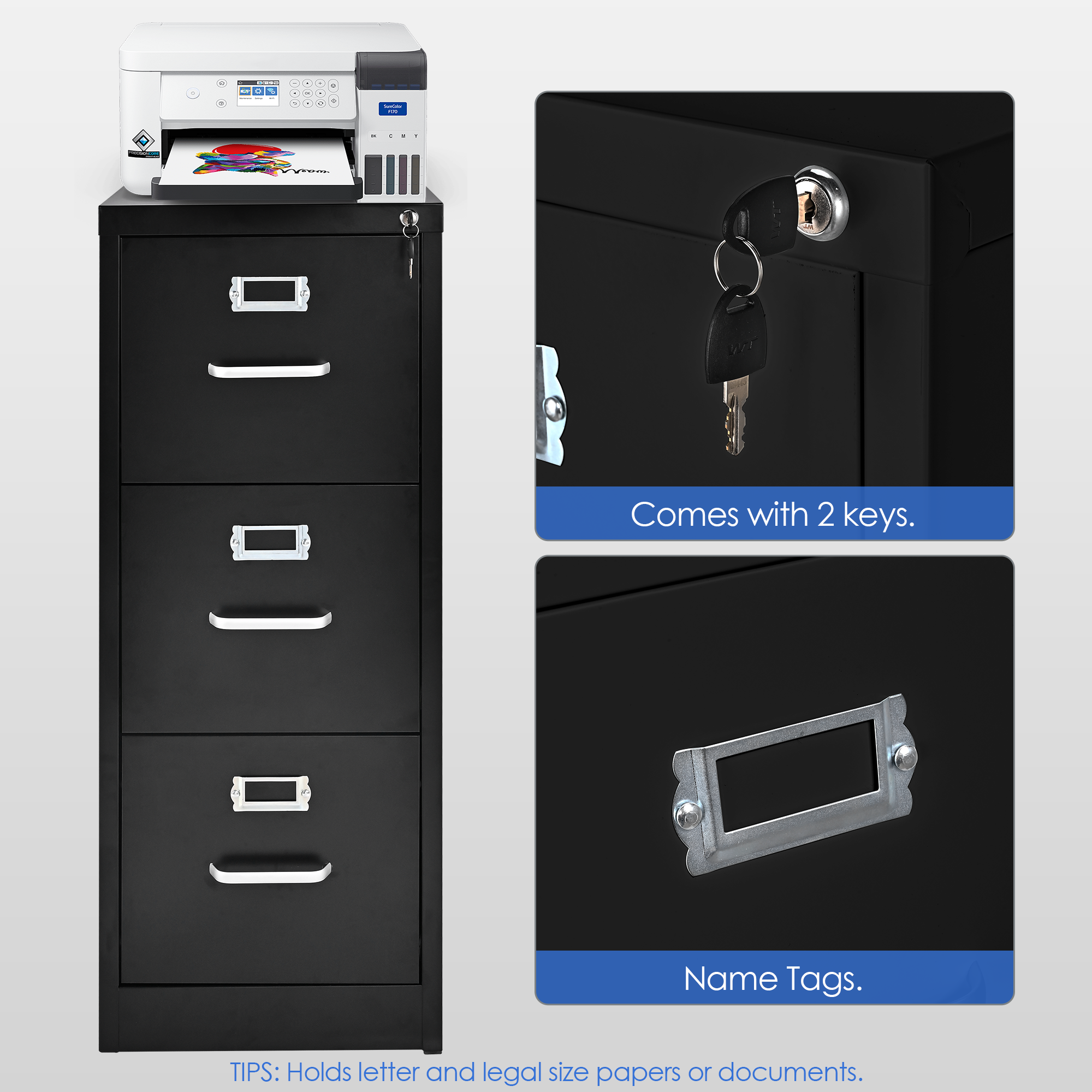 Moustache® 3-drawer office filing cabinet with metal name tag, lockable, and comes with 2 keys