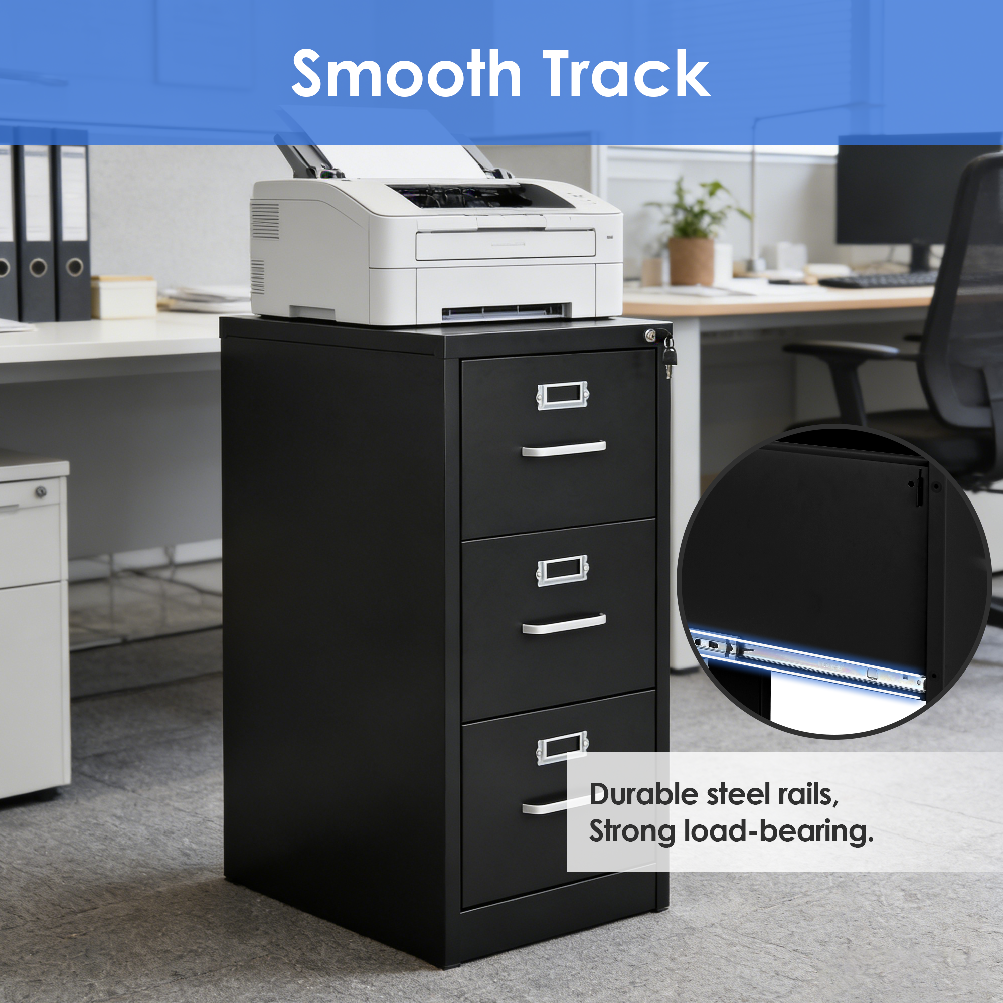 Moustache 3-drawer office filing cabinet equipped with durable smooth sliding steel drawer tracks