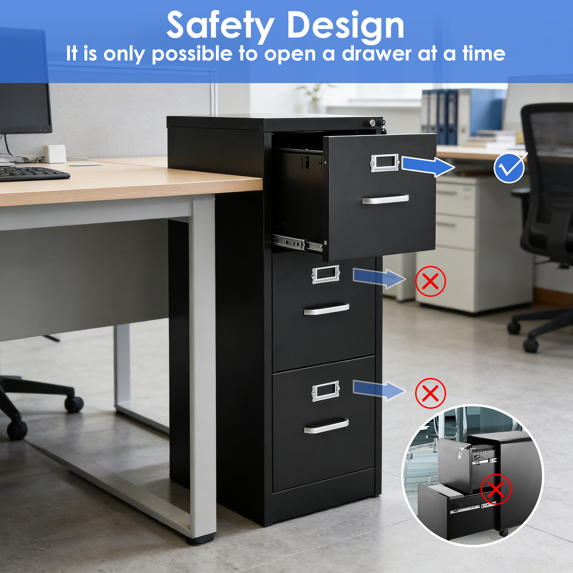 Safety feature diagram of this 3-drawer office filing cabinet illustrating that it only allows one drawer to open at once