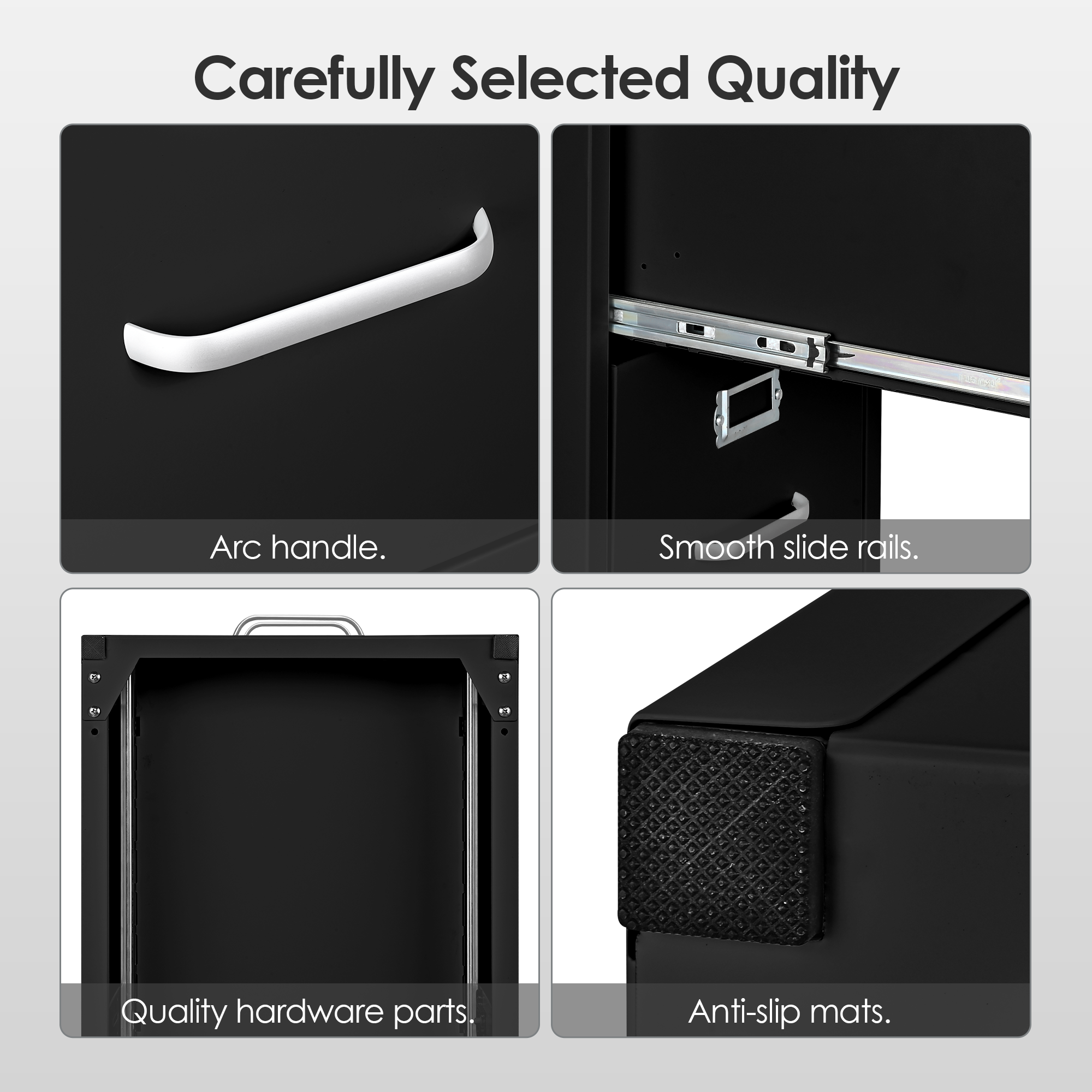 3-drawer office filing cabinet features high-quality arc handles, smooth slide rails, hardware parts, and anti-slip foot pads
