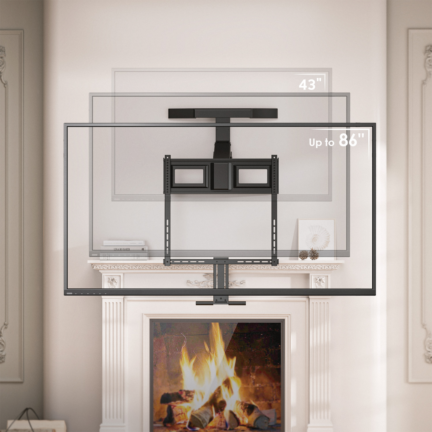 Black TV wall mount adjustable fit for 43 to 86 inch screens in a modern living room setting