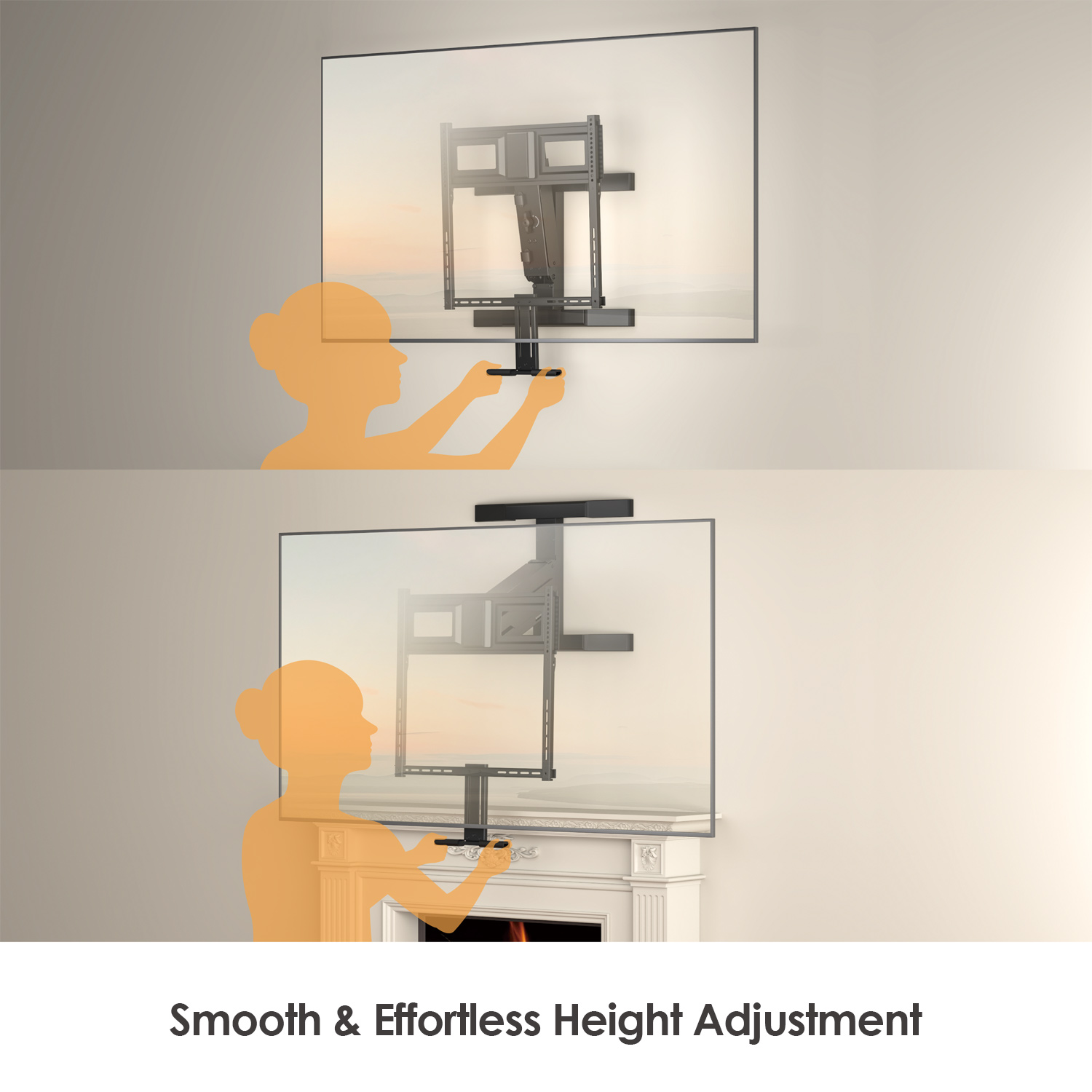 Adjusting height of wall mounted TV bracket above fireplace, up and down movement positions
