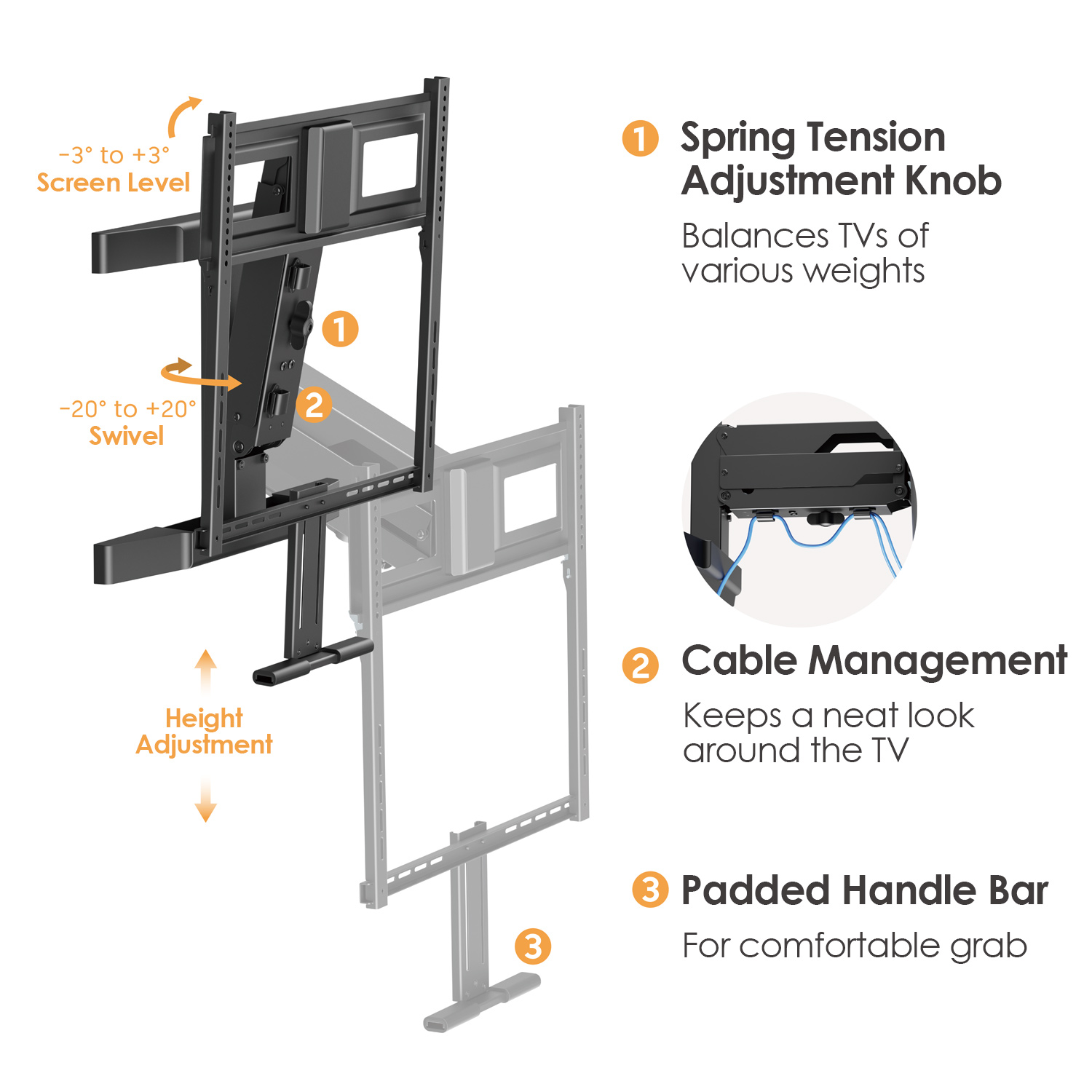TV wall mount with height adjustment, swivel, tilt, spring tension knob, cable management, and padded handle bar