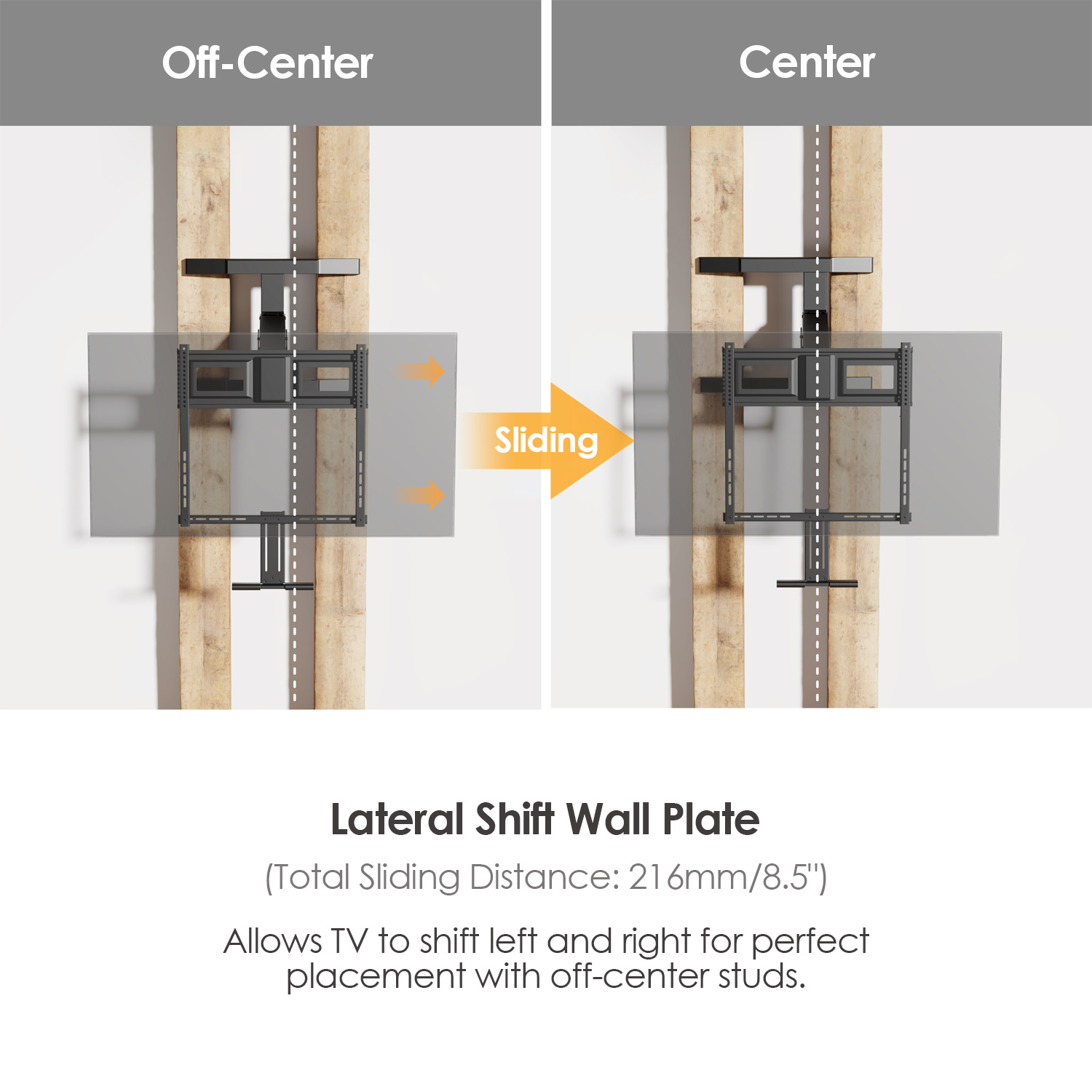 TV wall mount bracket with lateral shift adjustment off-center and centered positioning on wooden wall studs
